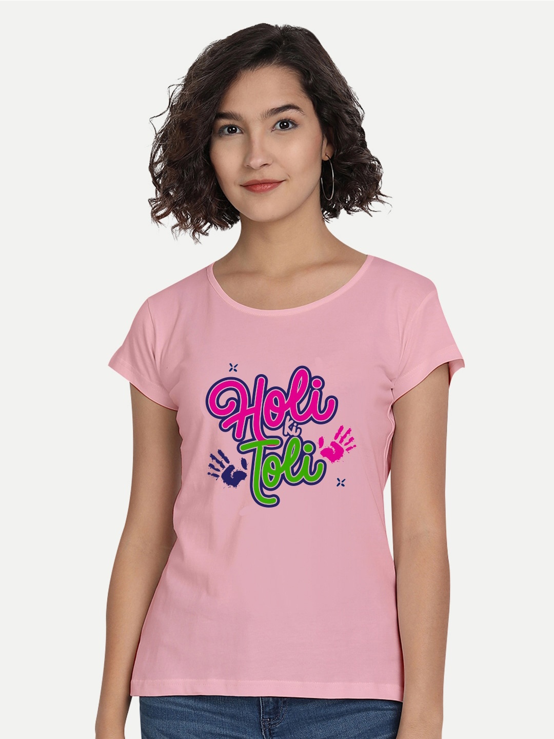 

BE AWARA Women Pink Holi Ki Toli Typography Printed Cotton T-shirt