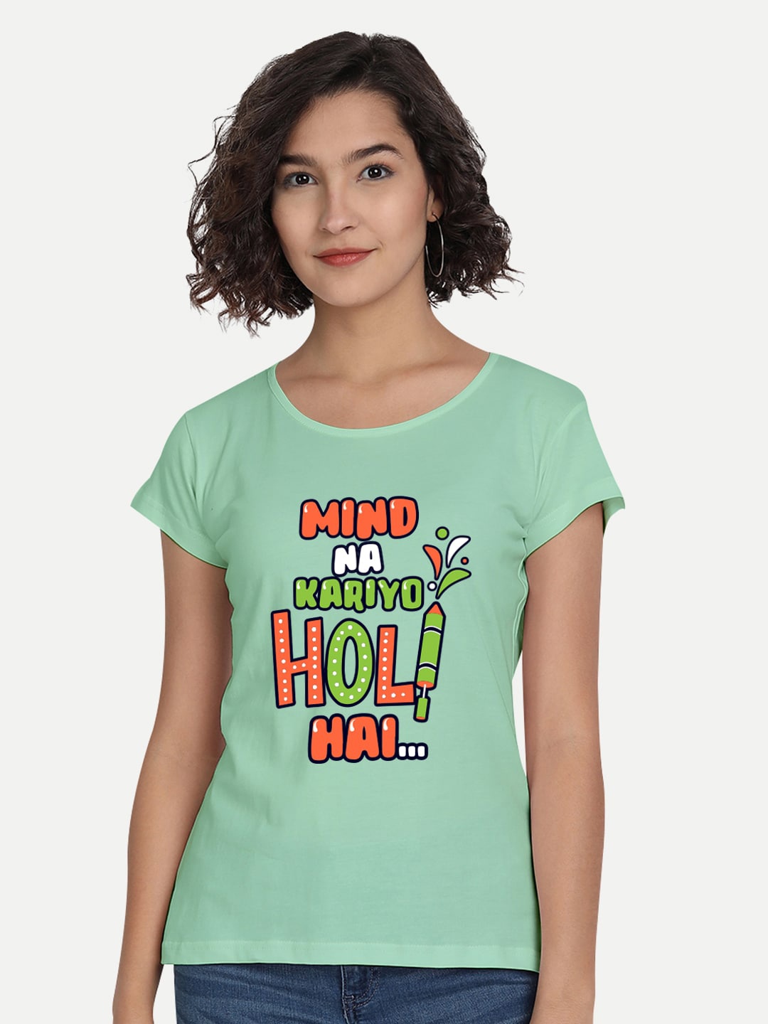 

BE AWARA Women Sea Green & Red Holi Typography Printed T-shirt
