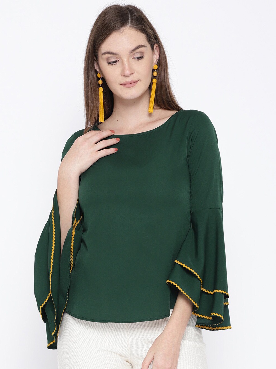 

The Vanca Women Green Solid Bell Sleeve Top