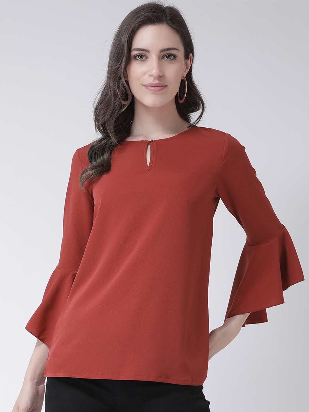 

The Vanca Women Red Keyhole Neck Bell Sleeves Top