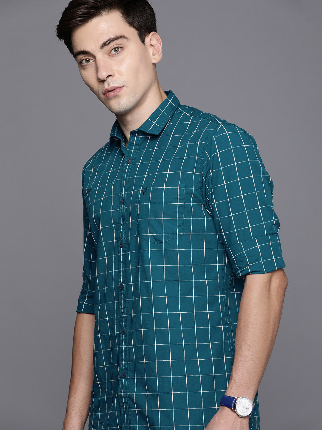 

Allen Solly Sport Men Teal Blue & White Custom Fit Checked Pure Cotton Casual Shirt