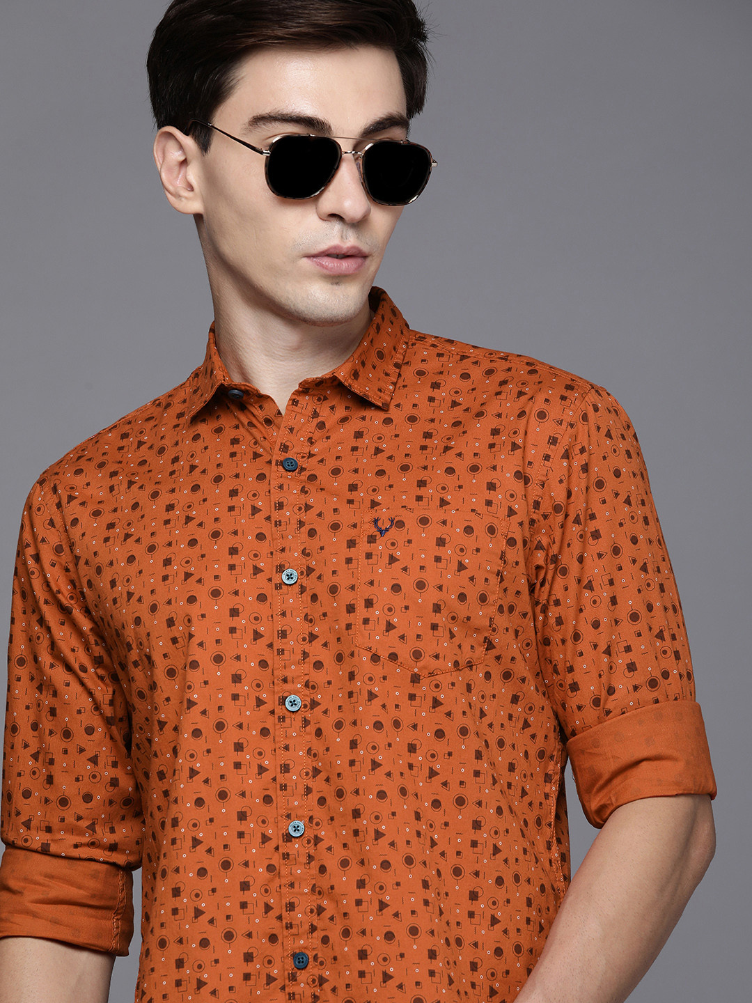 

Allen Solly Sport Men Rust Orange & Brown Custom Slim Fit Printed Pure Cotton Casual Shirt