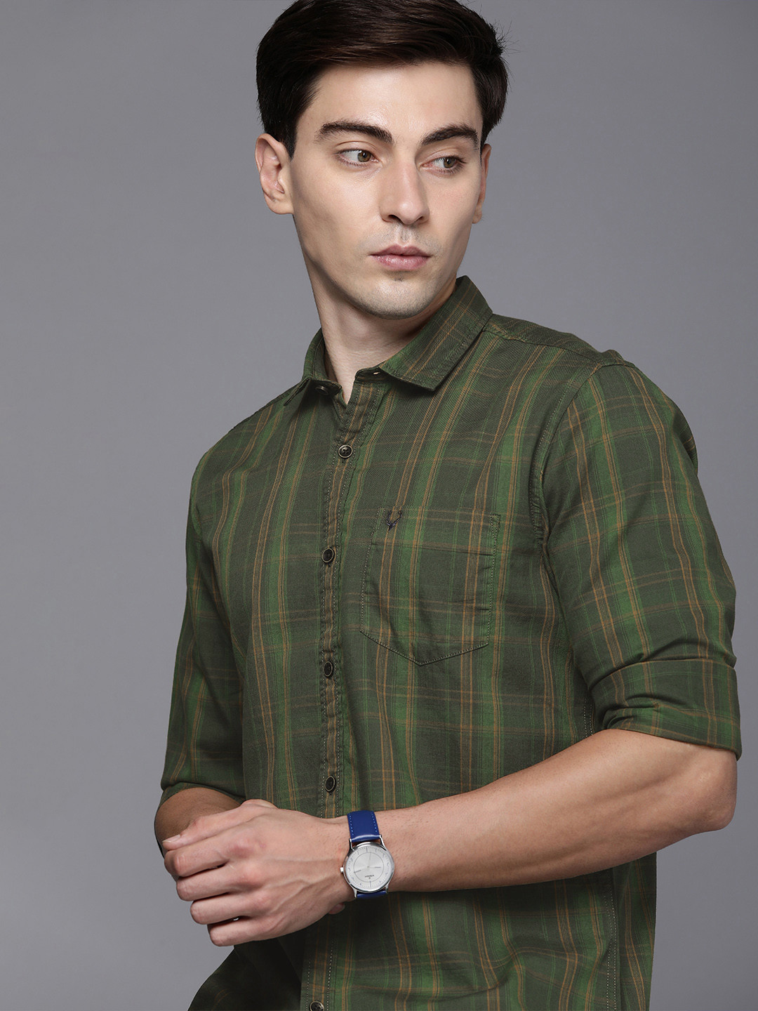 

Allen Solly Sport Men Olive Green & Yellow Custom Fit Checked Pure Cotton Casual Shirt
