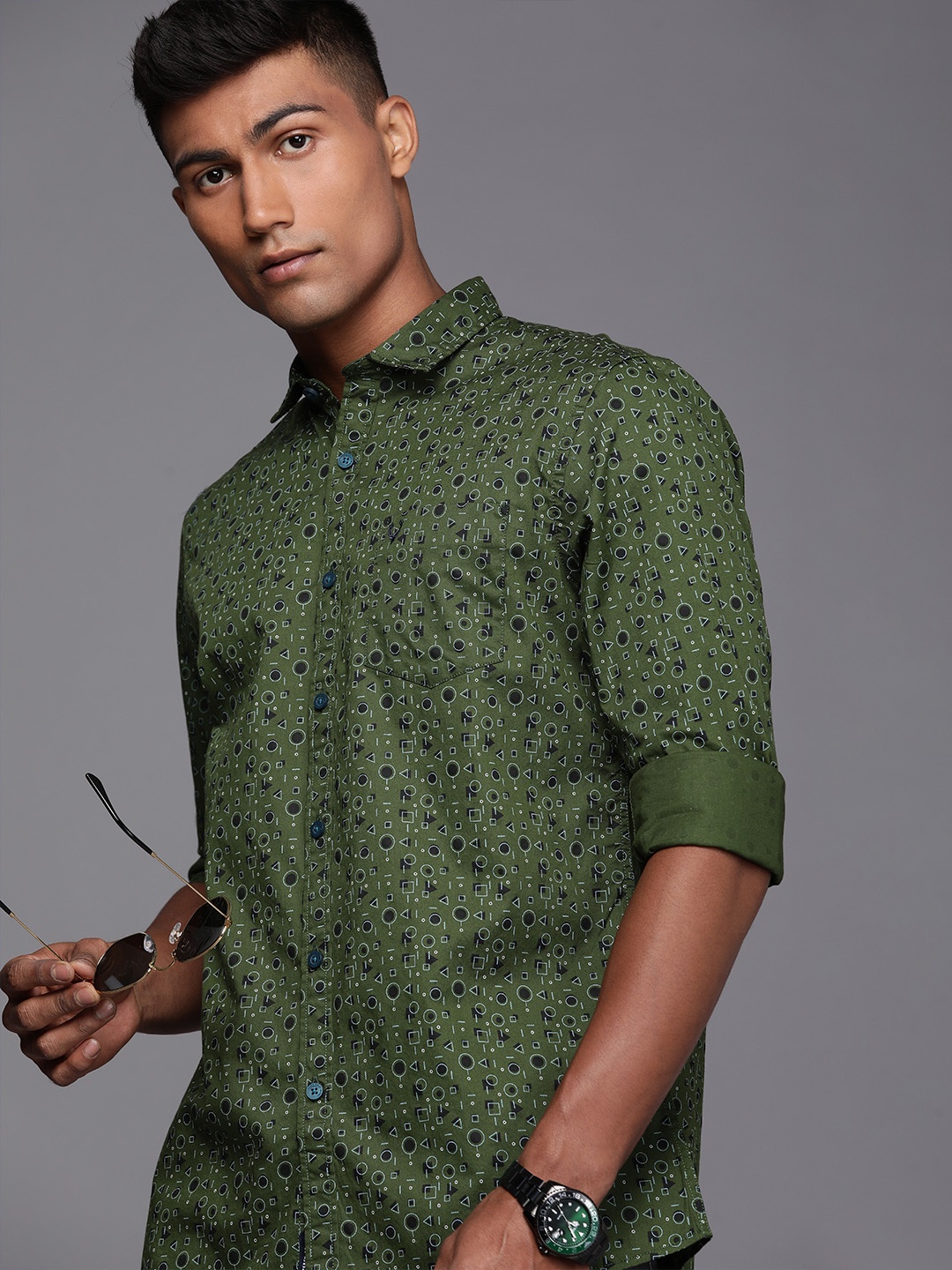 

Allen Solly Sport Men Olive Green Custom Slim Fit Printed Pure Cotton Casual Shirt