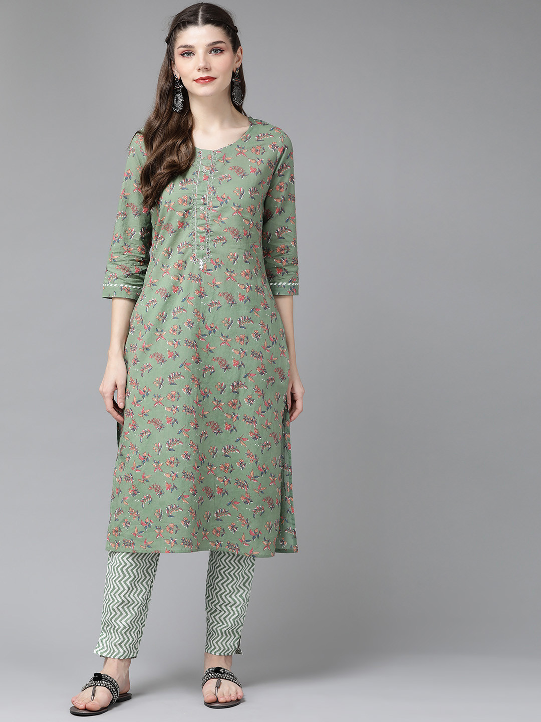 

Yufta Women Green Ethnic Motifs Printed Aari Work Pure Cotton Kurta With Palazzos