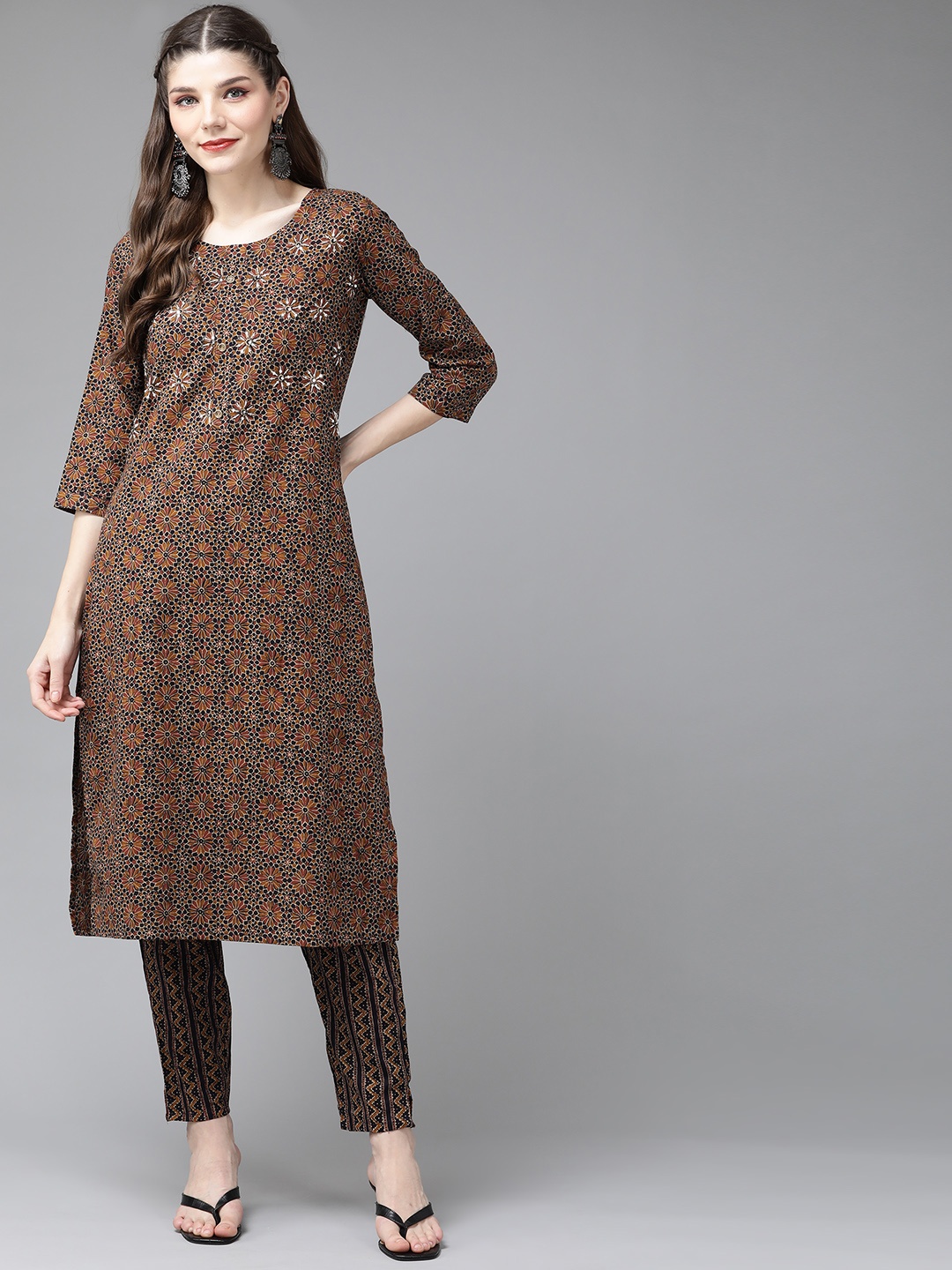 

Yufta Women Brown Ethnic Motifs Printed Thread Work Pure Cotton Kurta With Palazzos