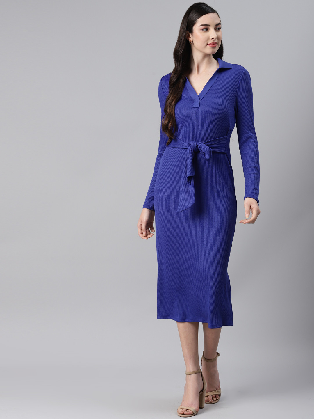 

Marks & Spencer Women Blue Self Striped Bodycon Midi Dress