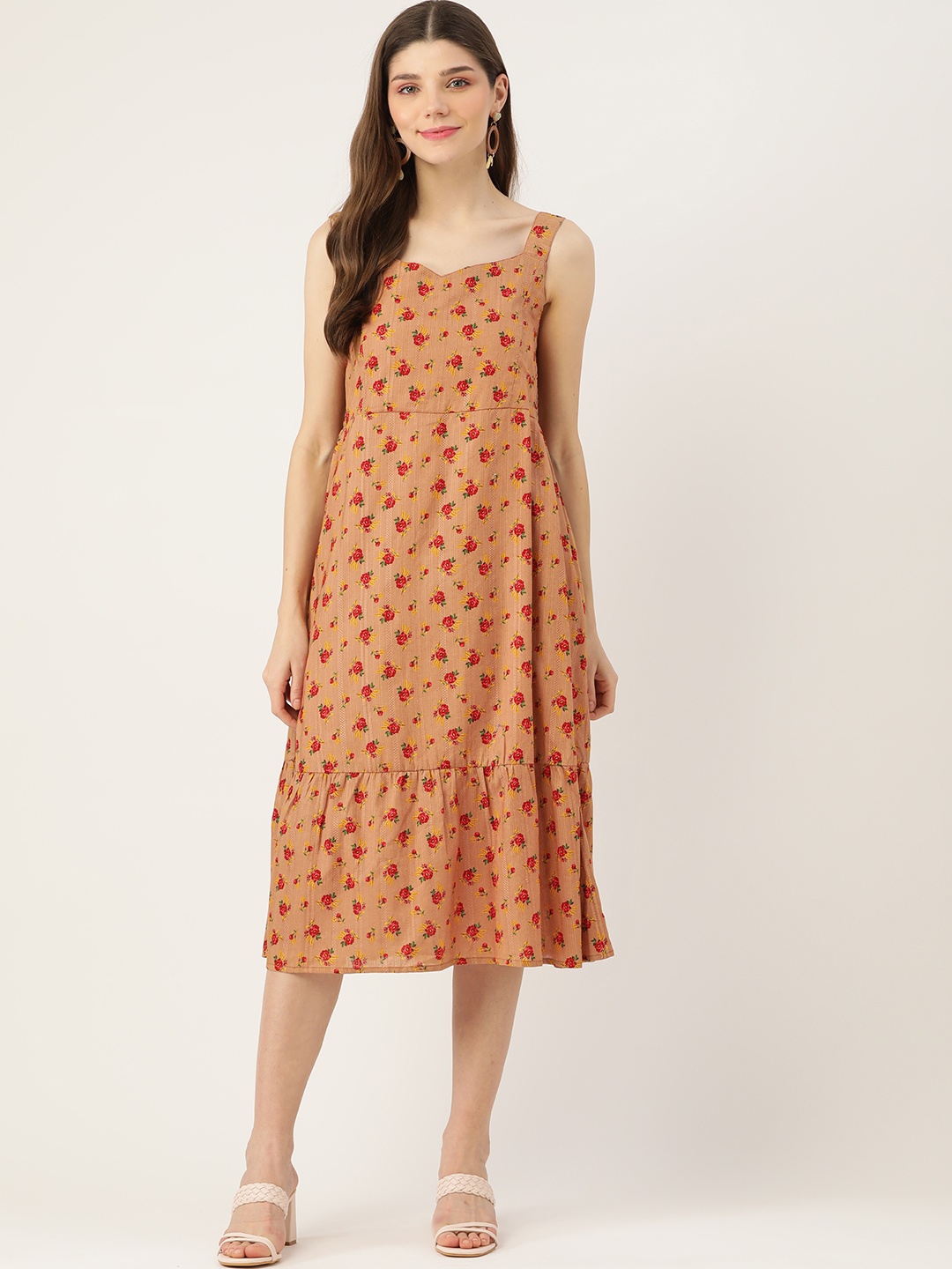 

Aaruvi Ruchi Verma Peach-Coloured & Red Floral Midi Dress