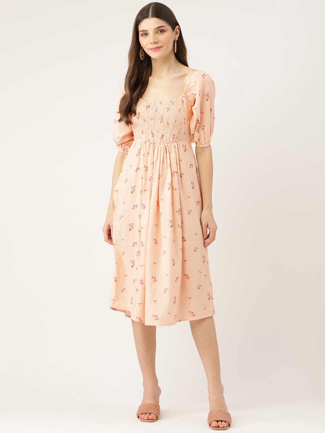 

Aaruvi Ruchi Verma Peach-Coloured Floral Midi Dress