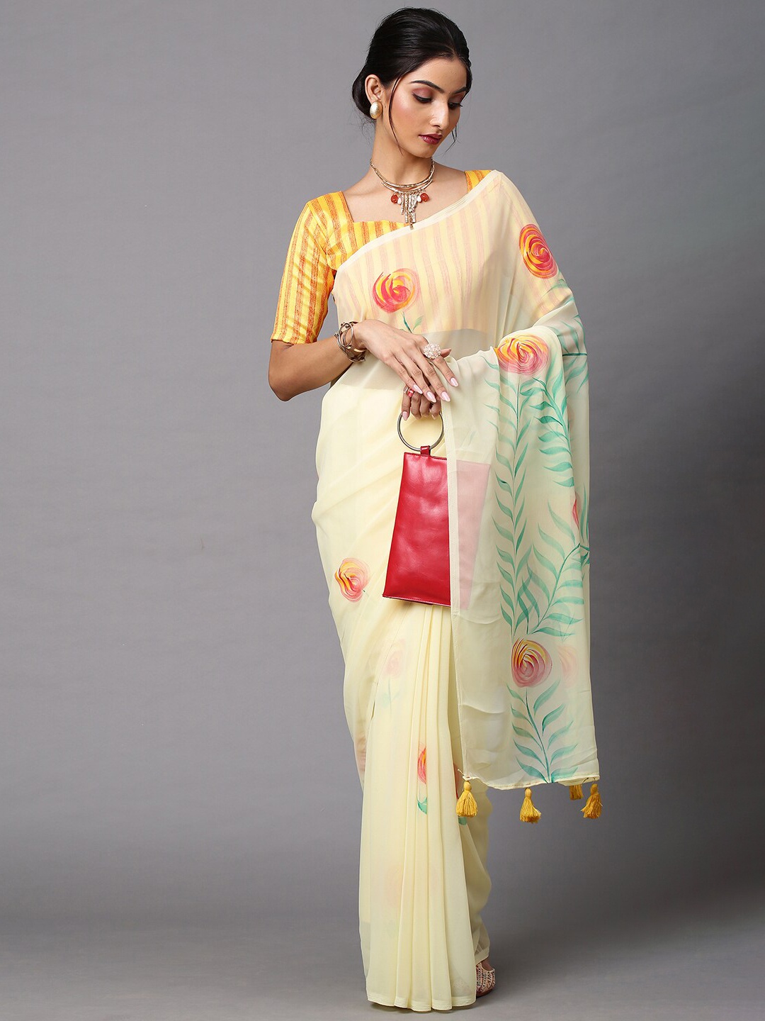 

Mitera Women Yellow PolyGeorgette Floral Printed Saree