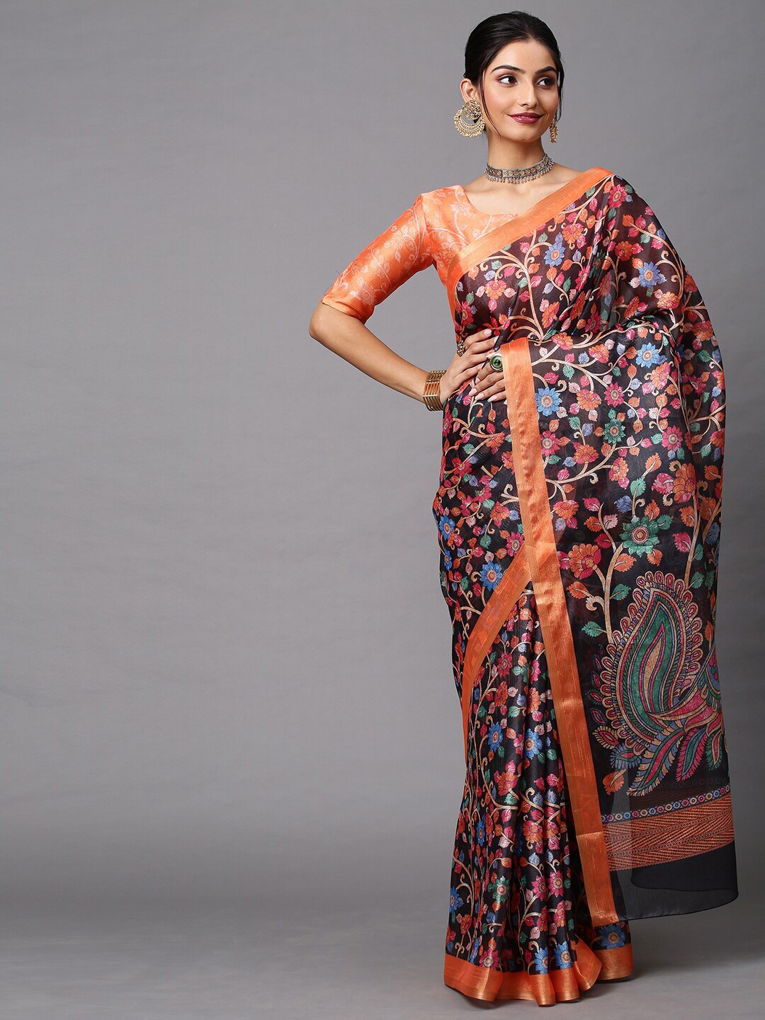 

Mitera Black & Orange Kalamkari Printed Cotton Linen Pochampally Saree