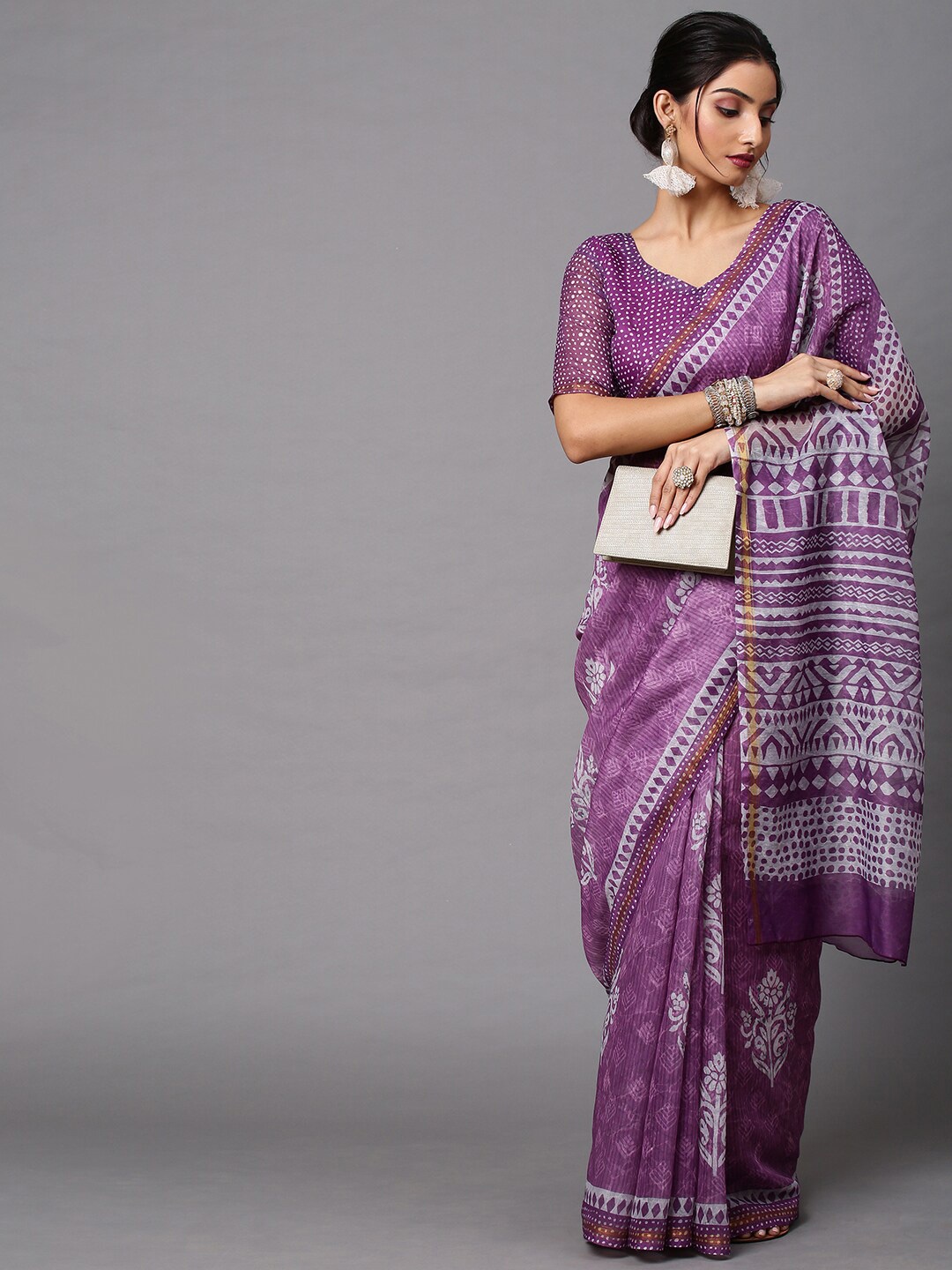 

Mitera Lavender Ethnic Motifs Linen Blend Block Print Saree
