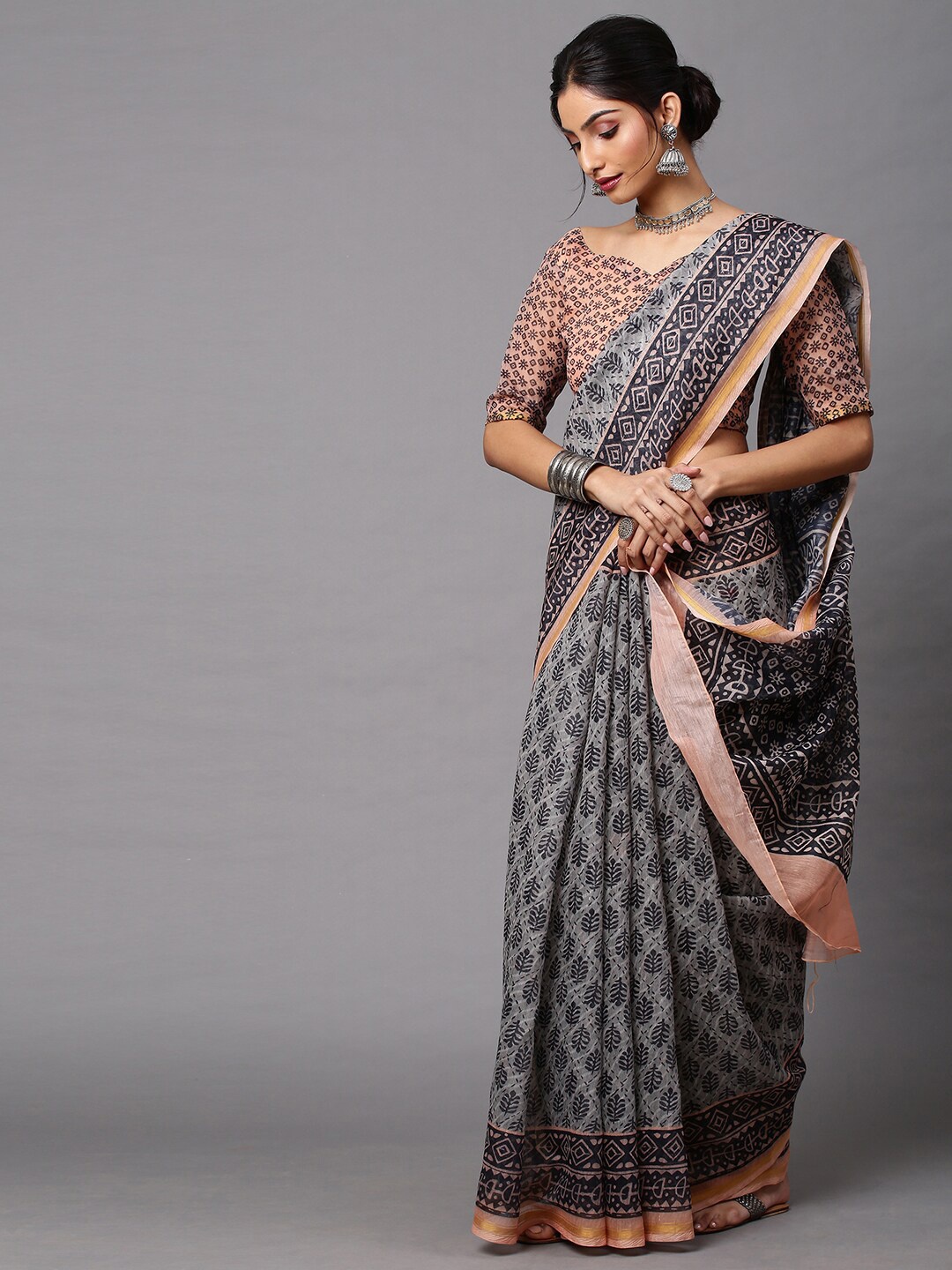 

Mitera Grey & Black Ethnic Motifs Linen Blend Block Print Saree