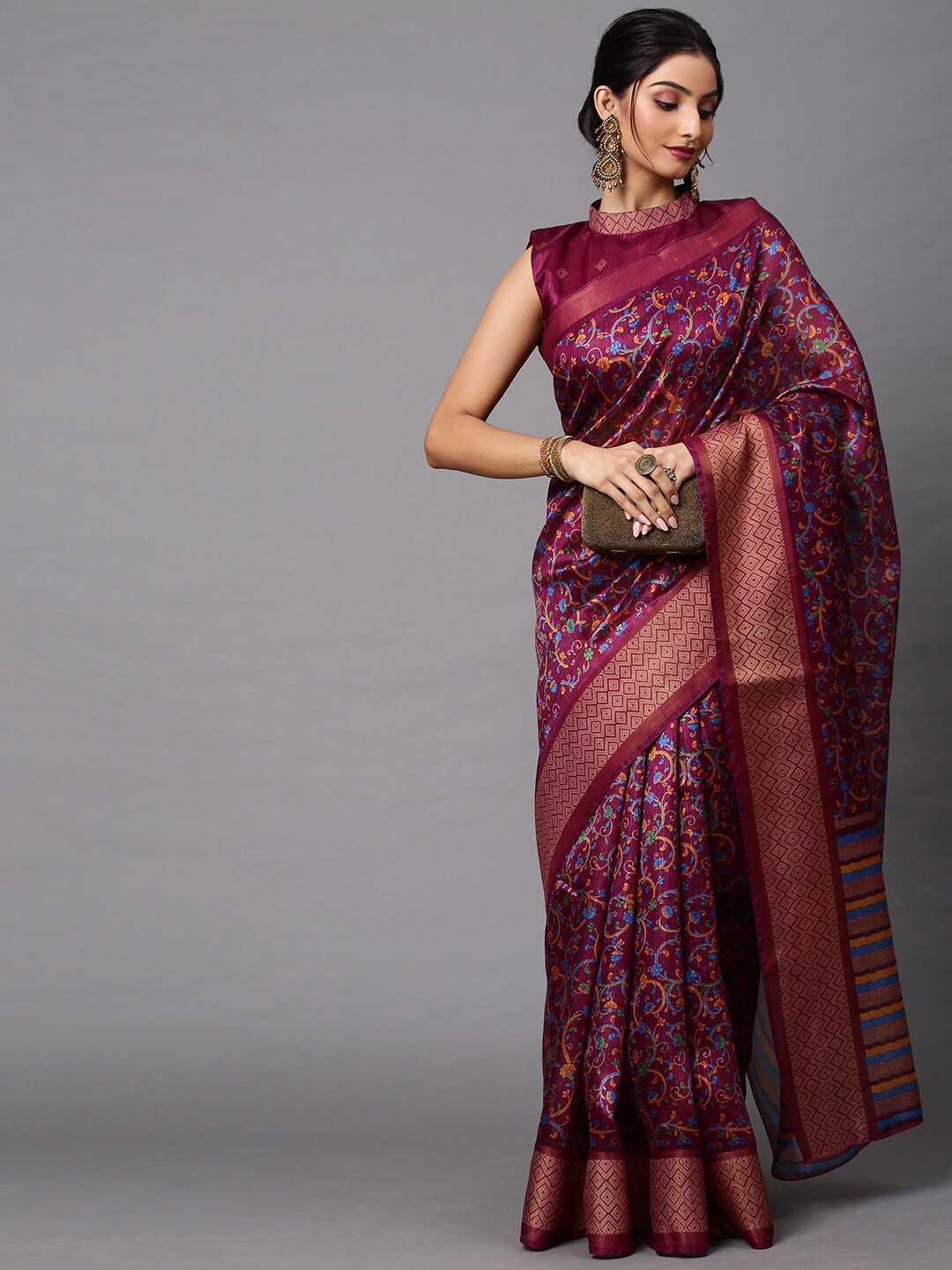 

Mitera Magenta & Blue Ethnic Motifs Linen Blend Banarasi Saree
