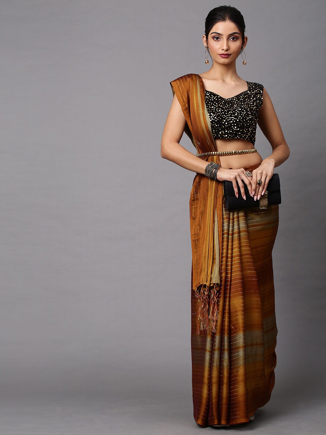 

Mitera Mustard & Gold-Toned Striped Zari Leheriya Saree