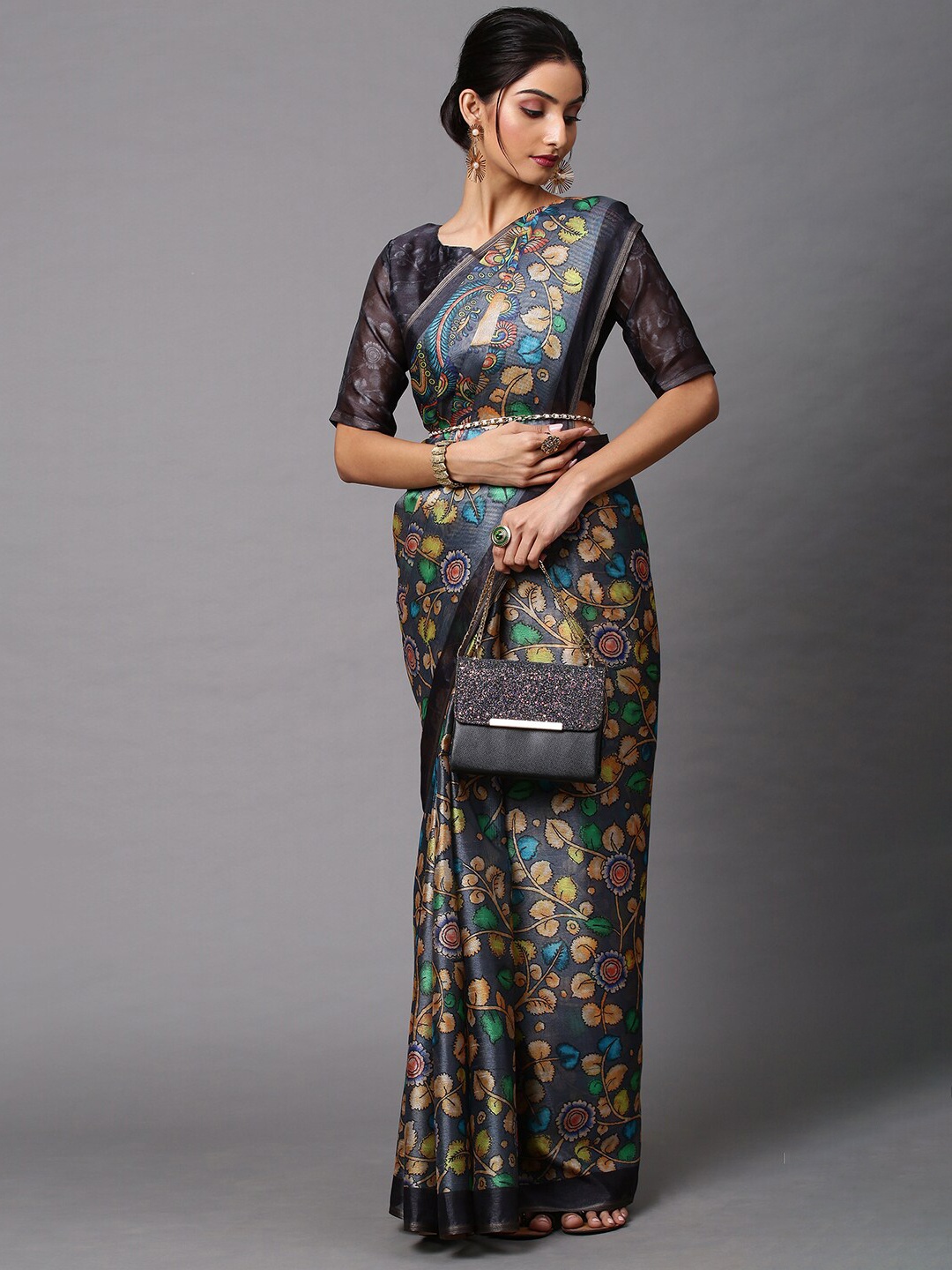 

Mitera Grey & Yellow Cotton Linen Kalamkari Pochampally Saree