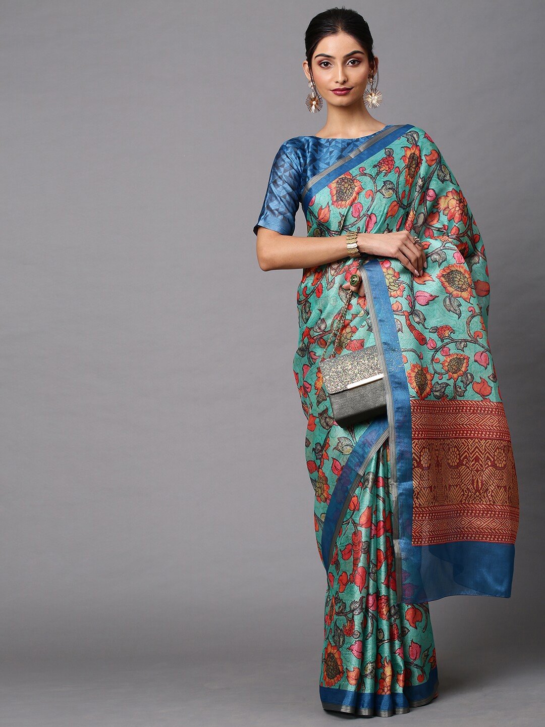 

Mitera Sea Green & Red Kalamkari Pochampally Saree