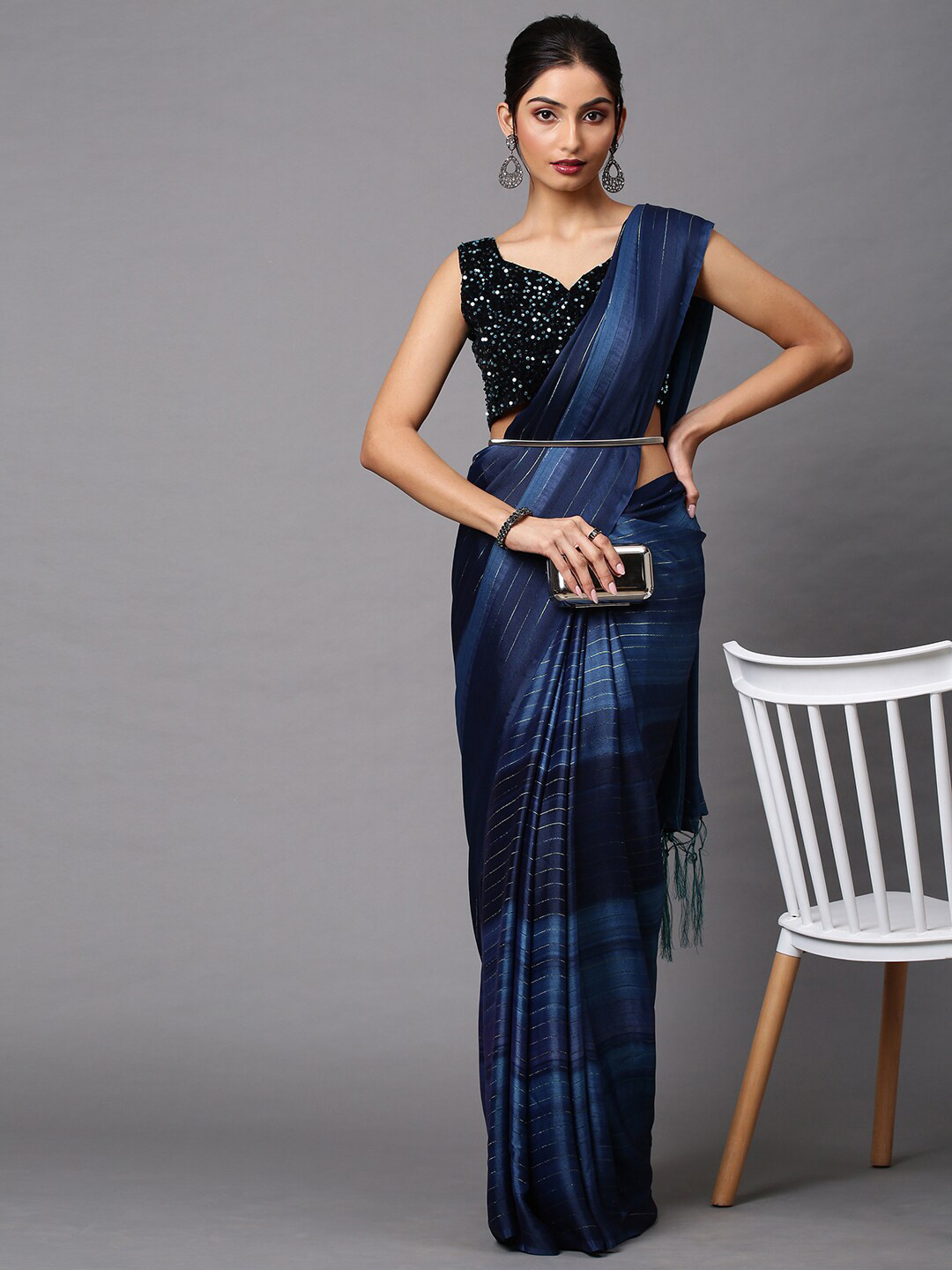 

Mitera Navy Blue Striped Saree