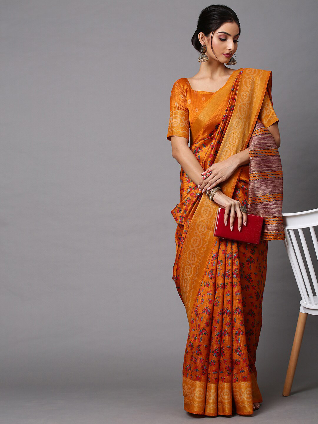 

Mitera Mustard & Blue Floral Printed Linen Blend Saree