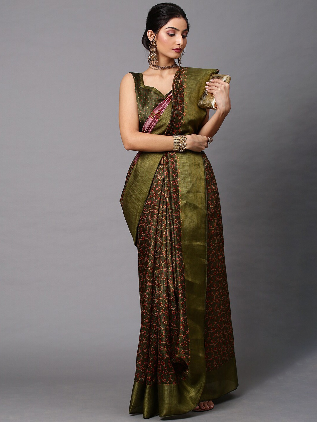 

Mitera Olive Green & Pink Floral Printed Linen Blend Banarasi Saree