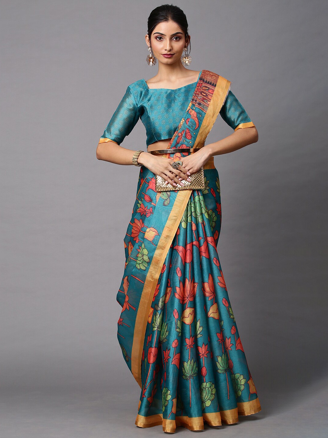 

Mitera Teal & Gold-Toned Kalamkari Zari Pochampally Saree