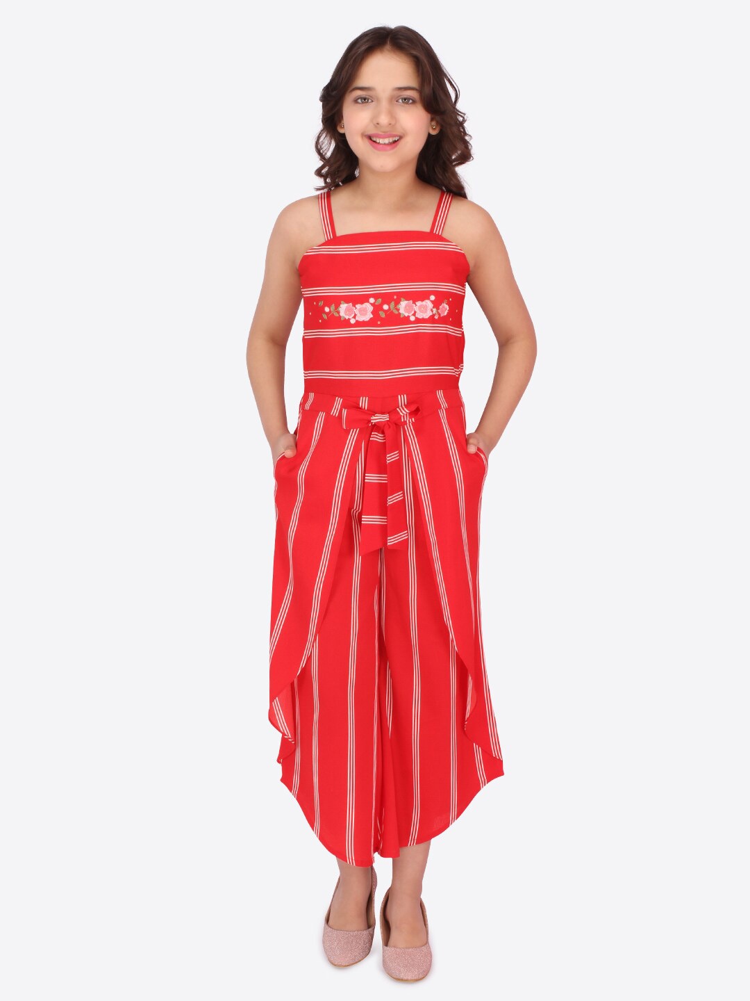 

CUTECUMBER Girls Red & White Striped Culotte Jumpsuit with