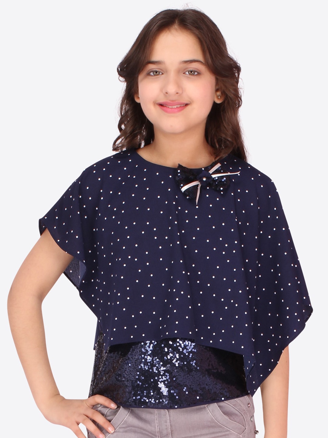 

CUTECUMBER Navy Blue & White Print Tie-Up Neck Georgette Cape Top