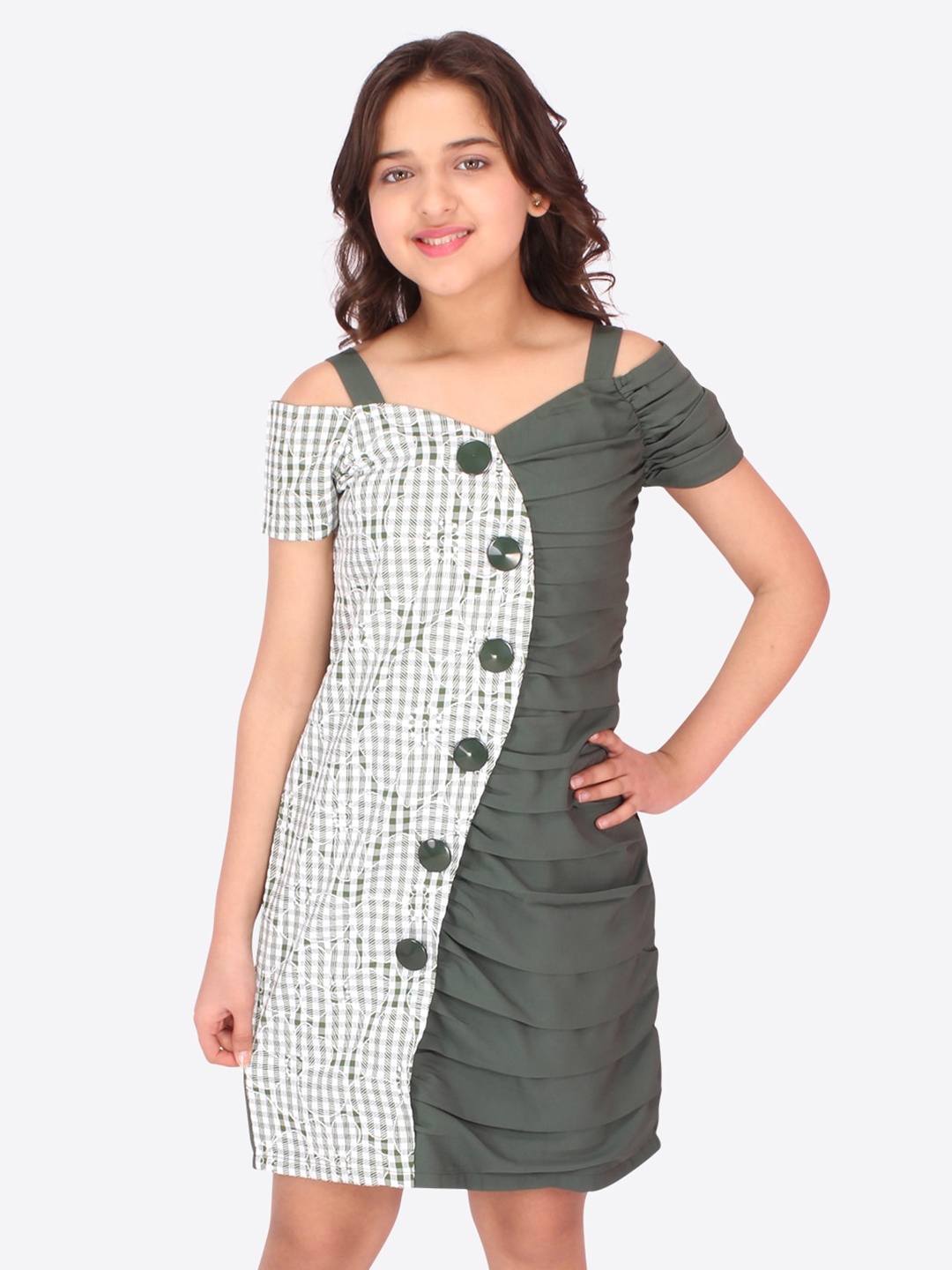 

CUTECUMBER Girls Green Checked Georgette Sheath Dress