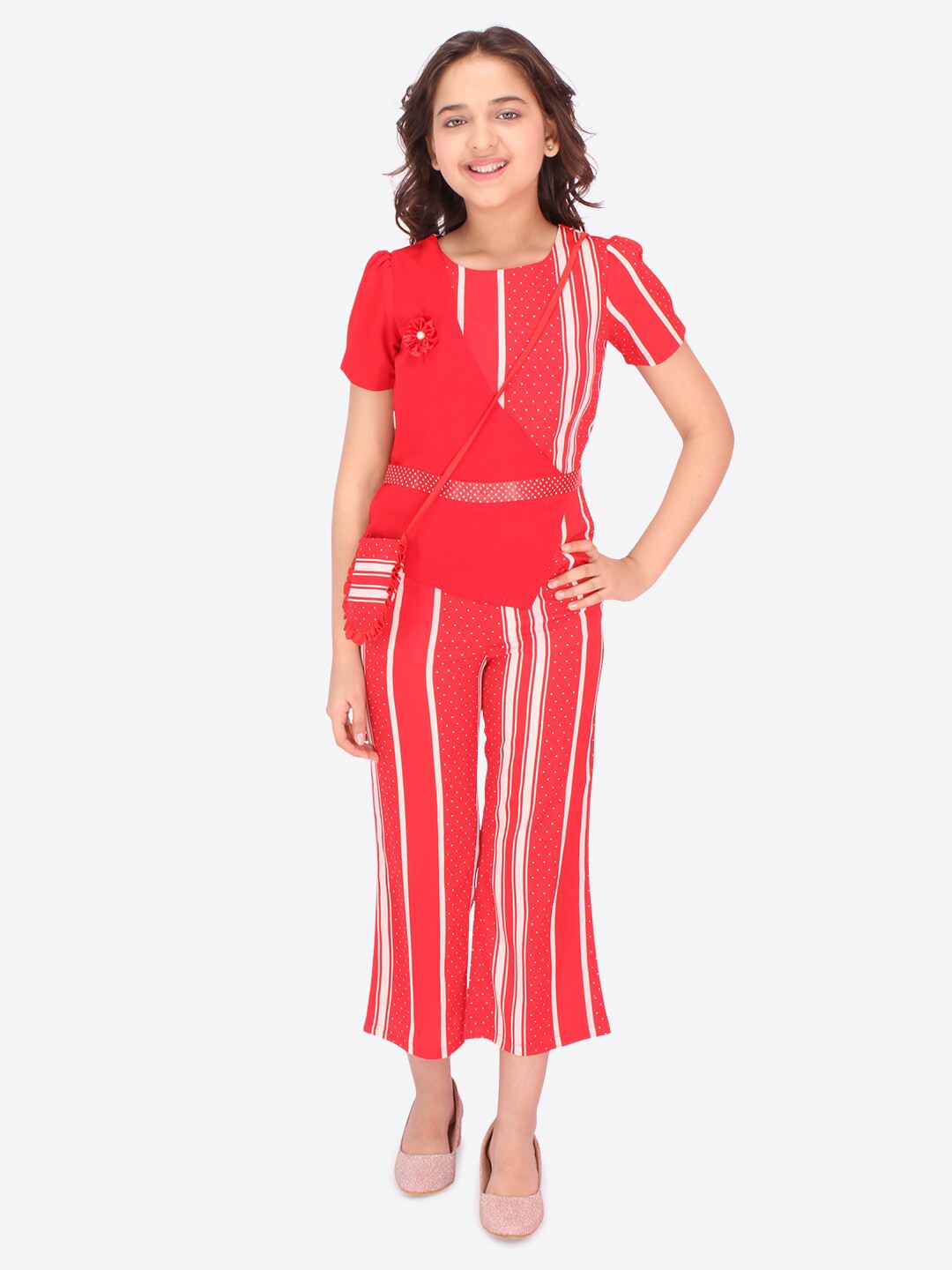 

CUTECUMBER Girls Red & White Striped Cropped Basic Jumpsuit With Sling Bag