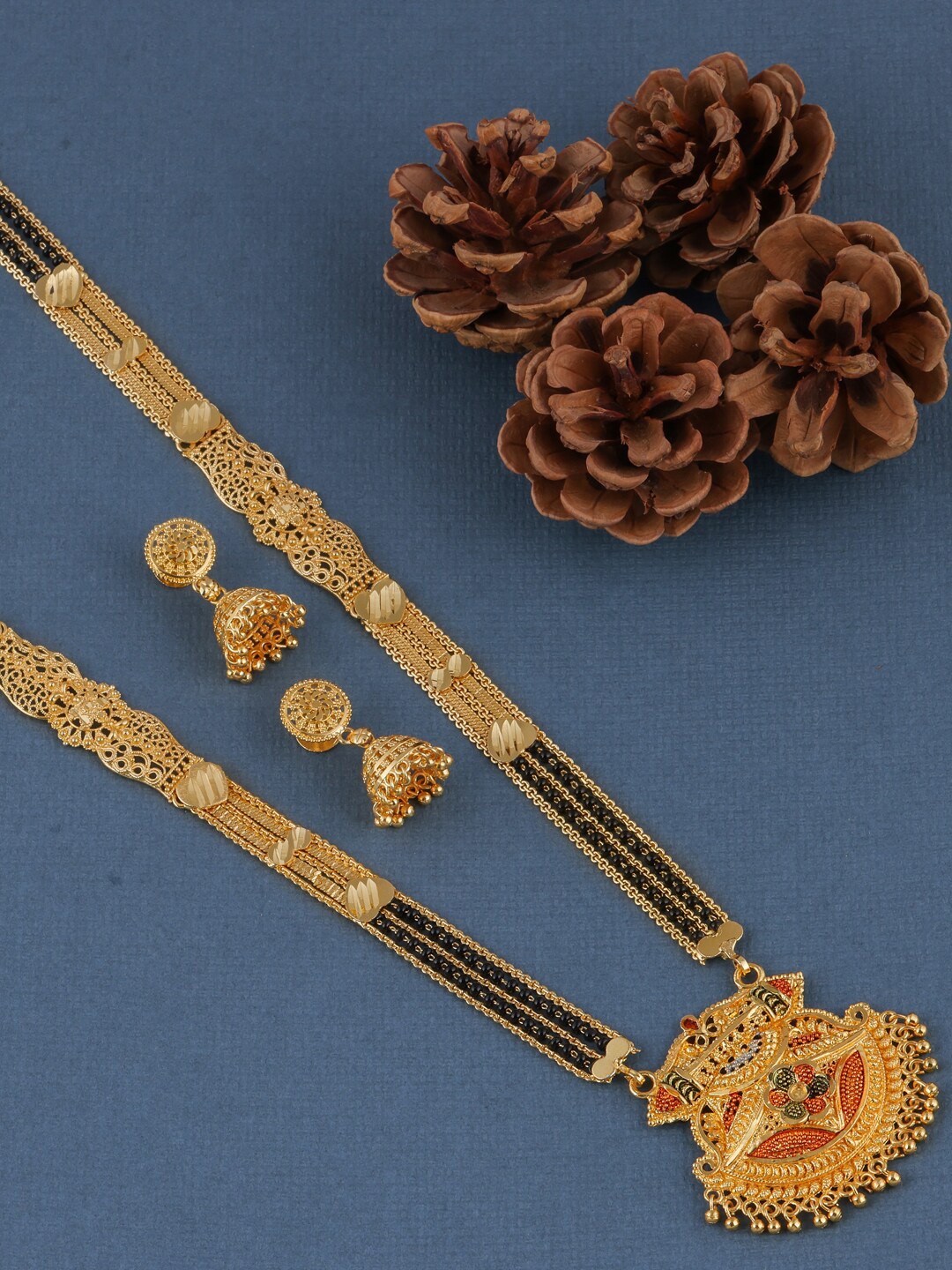 

Brandsoon Gold-Plated & Black Beaded Mangalsutra With Earring Set