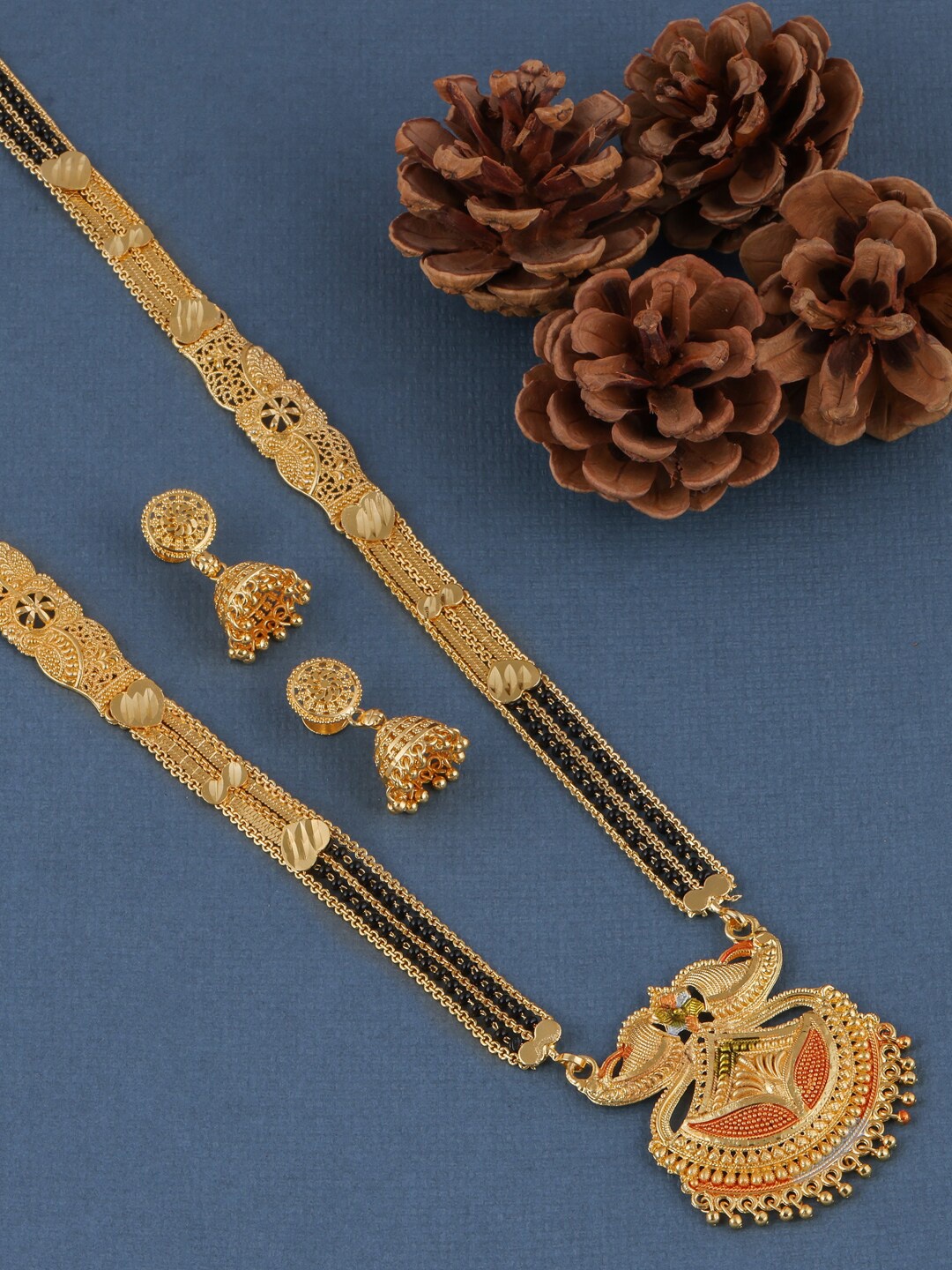 

Brandsoon Gold-Plated Black Beaded Mangalsutra With Earrings