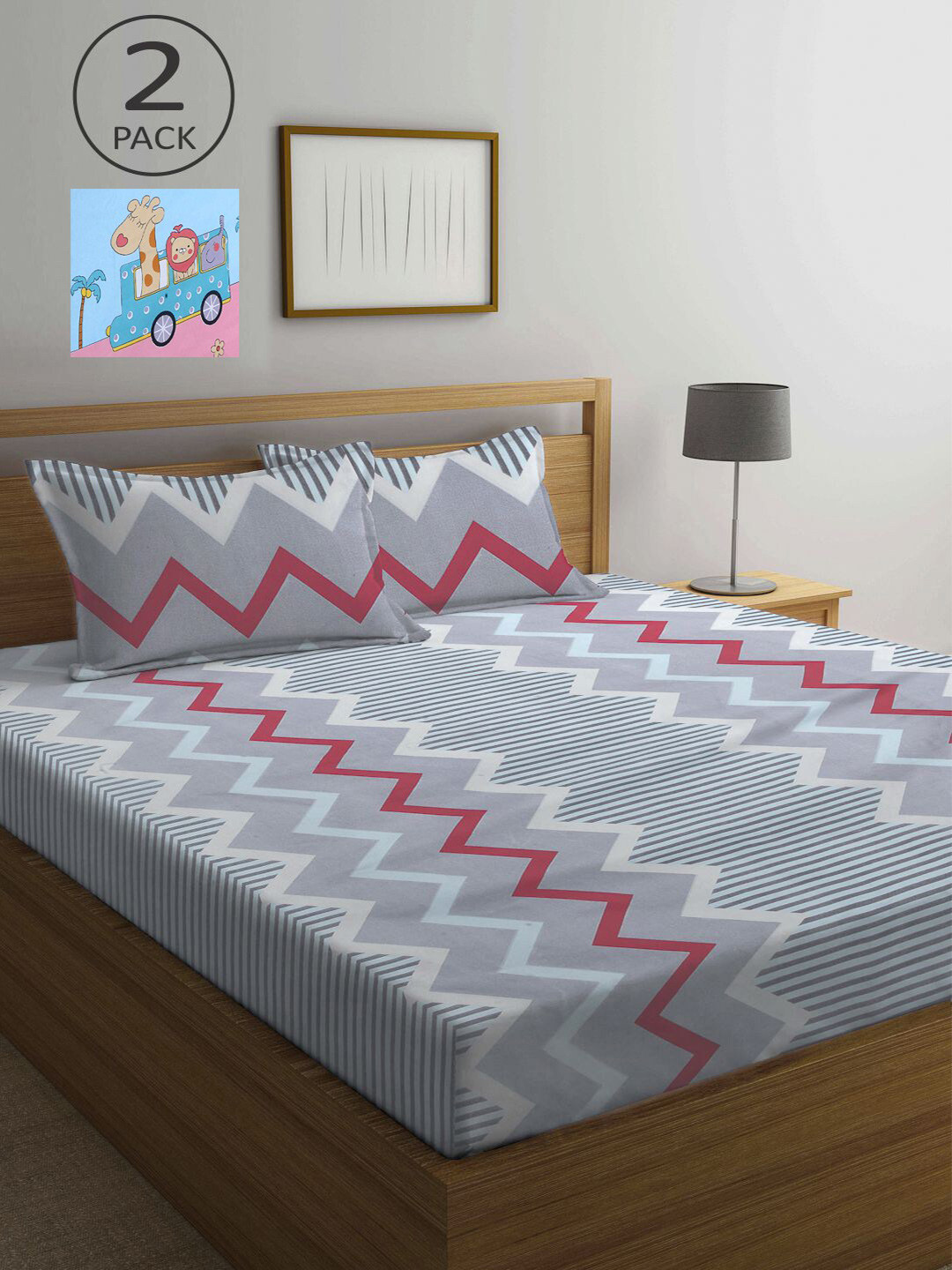 

KLOTTHE Blue & Grey Geometric 210 TC Set Of 2 King Bedsheet with 4 Pillow Covers