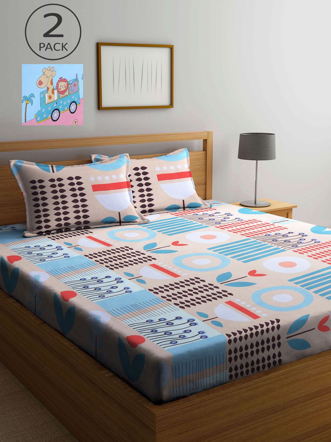 

KLOTTHE Beige & Blue Geometric 210 TC 2 King Bedsheet with 4 Pillow Covers