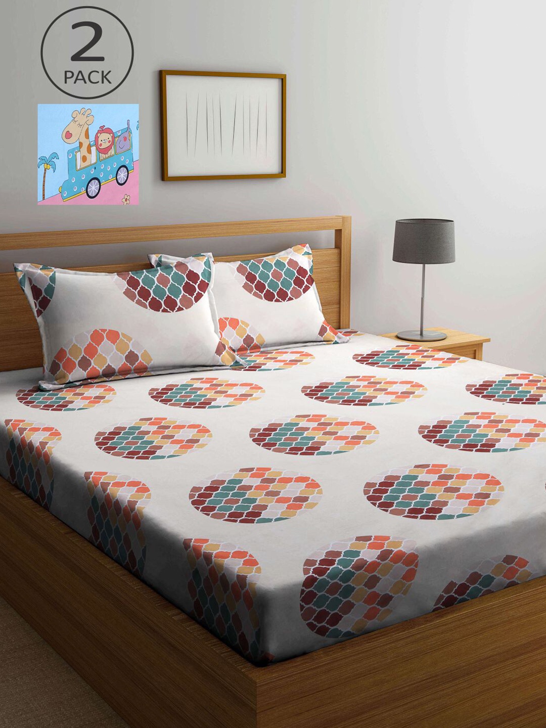

KLOTTHE Set Of 2 Printed 210 TC King Bedsheet with 4 Pillow Covers, Beige