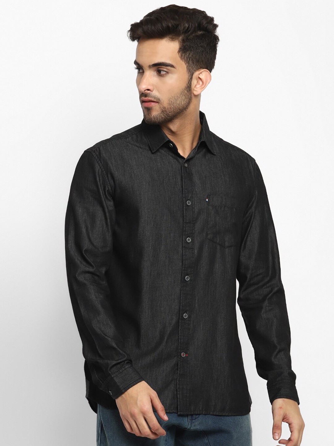 

Red Chief Men Black Cotton Denim Casual Shirt