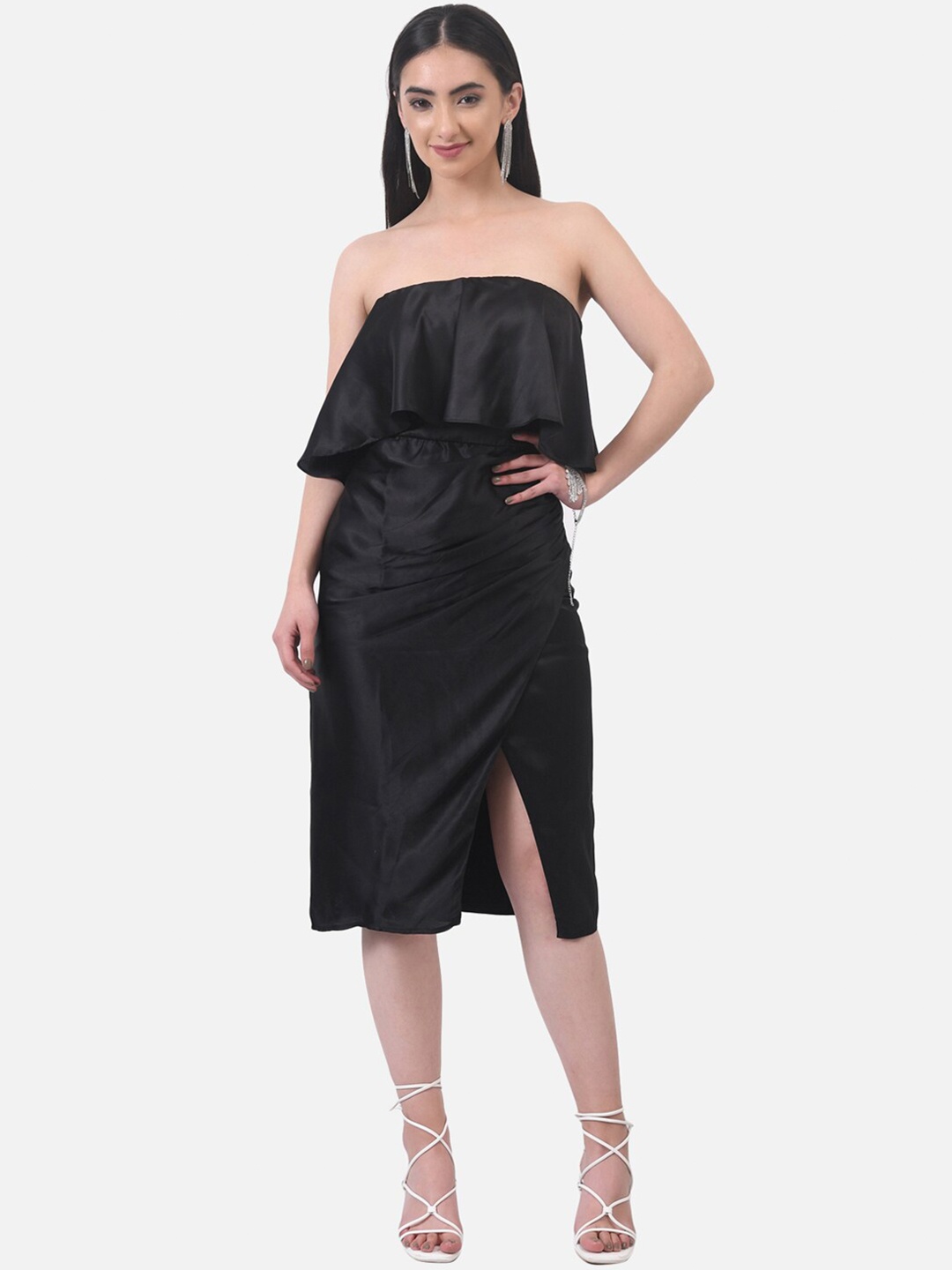 

ATTIC SALT Black Off-Shoulder Satin Sheath Dress