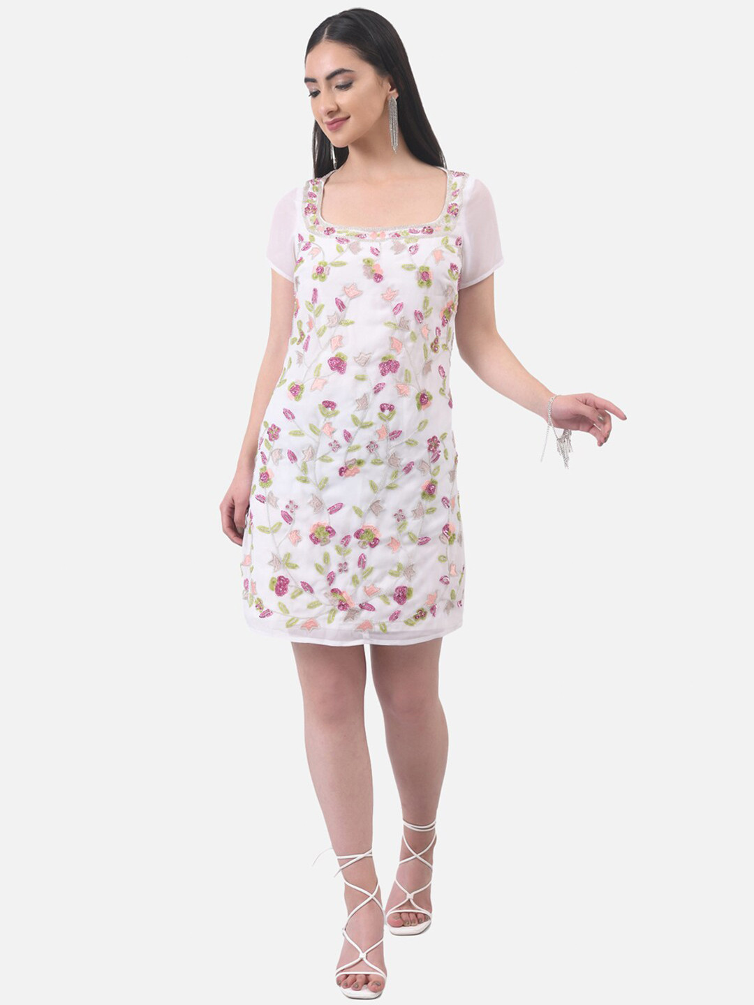 

ATTIC SALT Women White Floral Embellished Georgette A-Line Dress