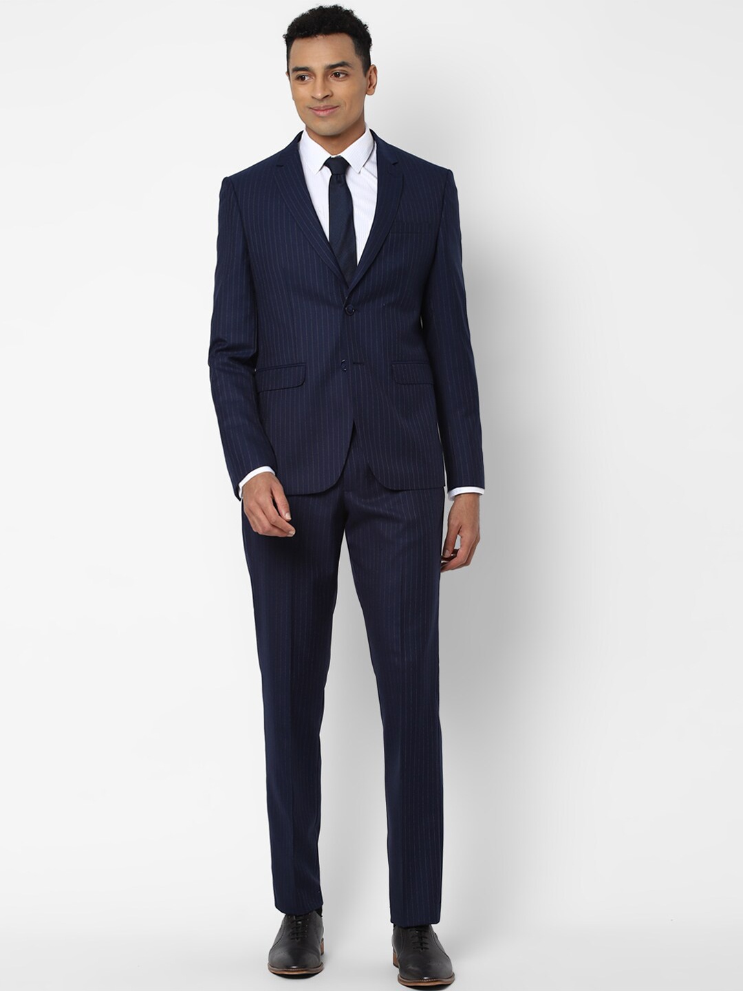 

Allen Solly Men Navy Blue Striped Single-Breasted Slim-Fit 2-Piece Formal Suit