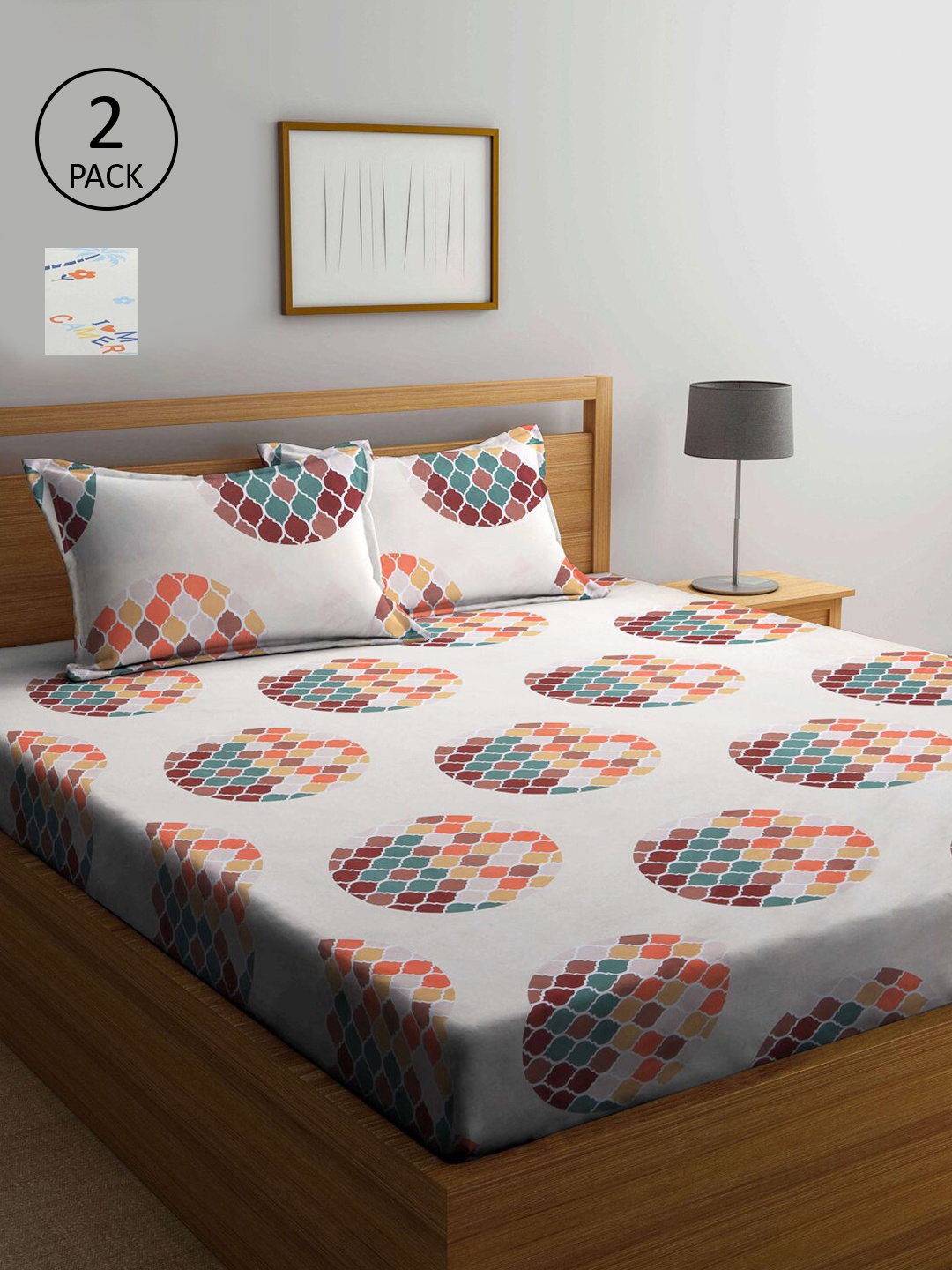 

KLOTTHE Set Of 2 Geometric Cotton Blend 300 TC King Bedsheet with 4 Pillow Covers, White