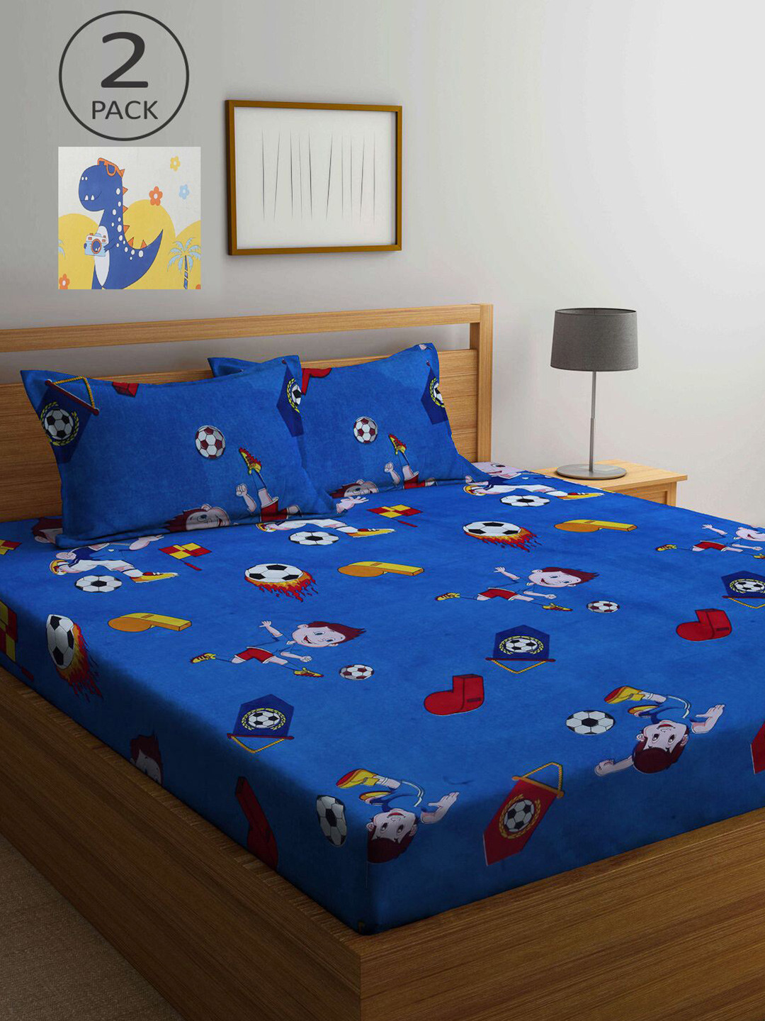 

KLOTTHE Pack Of 2 Blue & White 210 TC Cartoon Double Bedsheet With 4 Pillow Covers