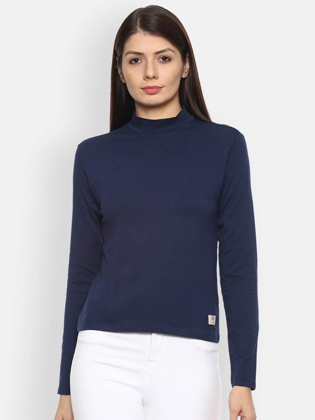 

Van Heusen Woman Navy Blue Solid High Neck Cotton Top