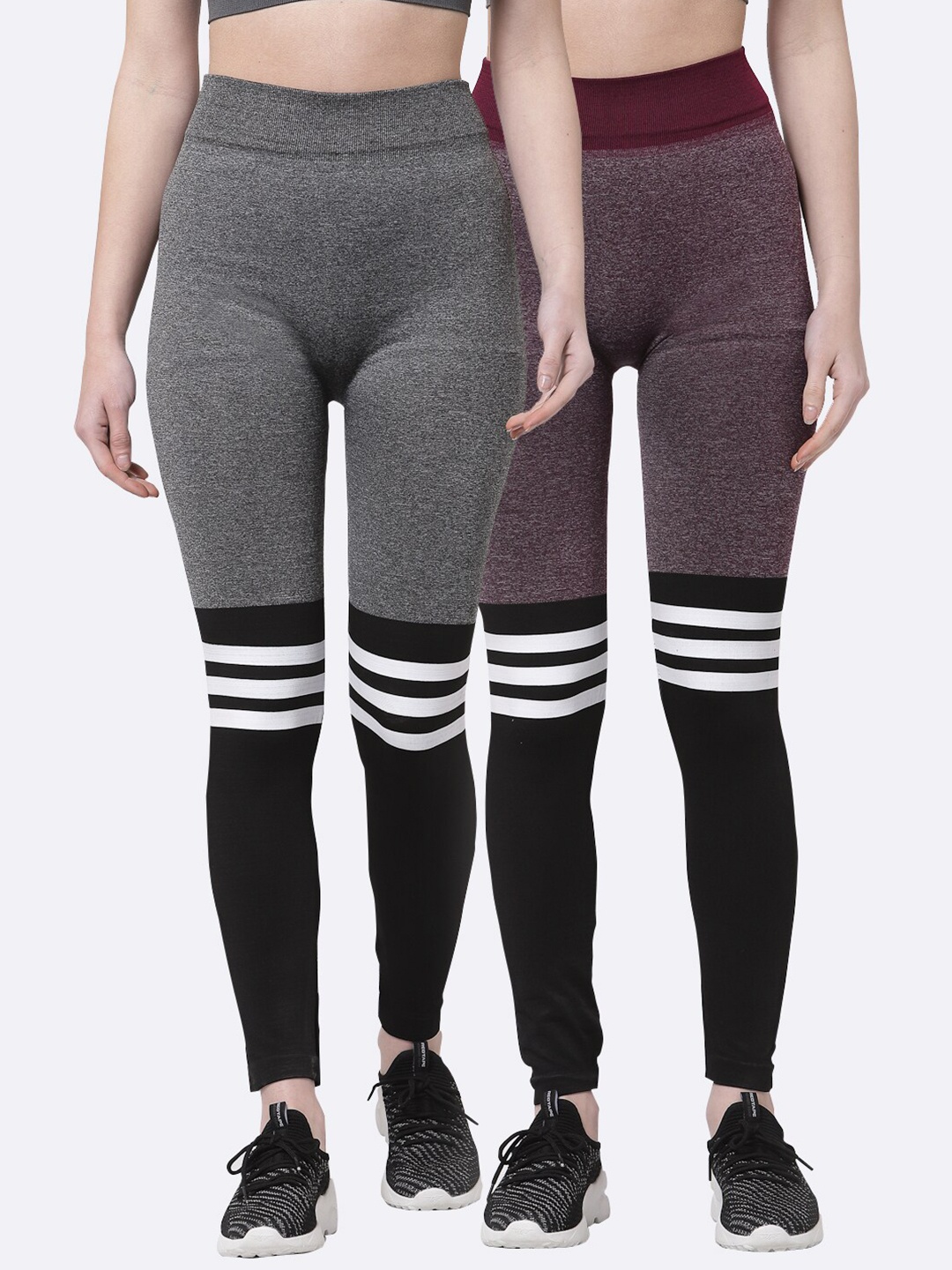 

Klotthe Women Grey & Burgundy Colourblocked Set of 2 Skinny Fit Jeggings