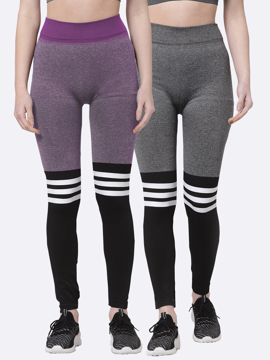 

KLOTTHE Women Set of 2 Grey & Purple Coloublocked Skinny Fit Tights