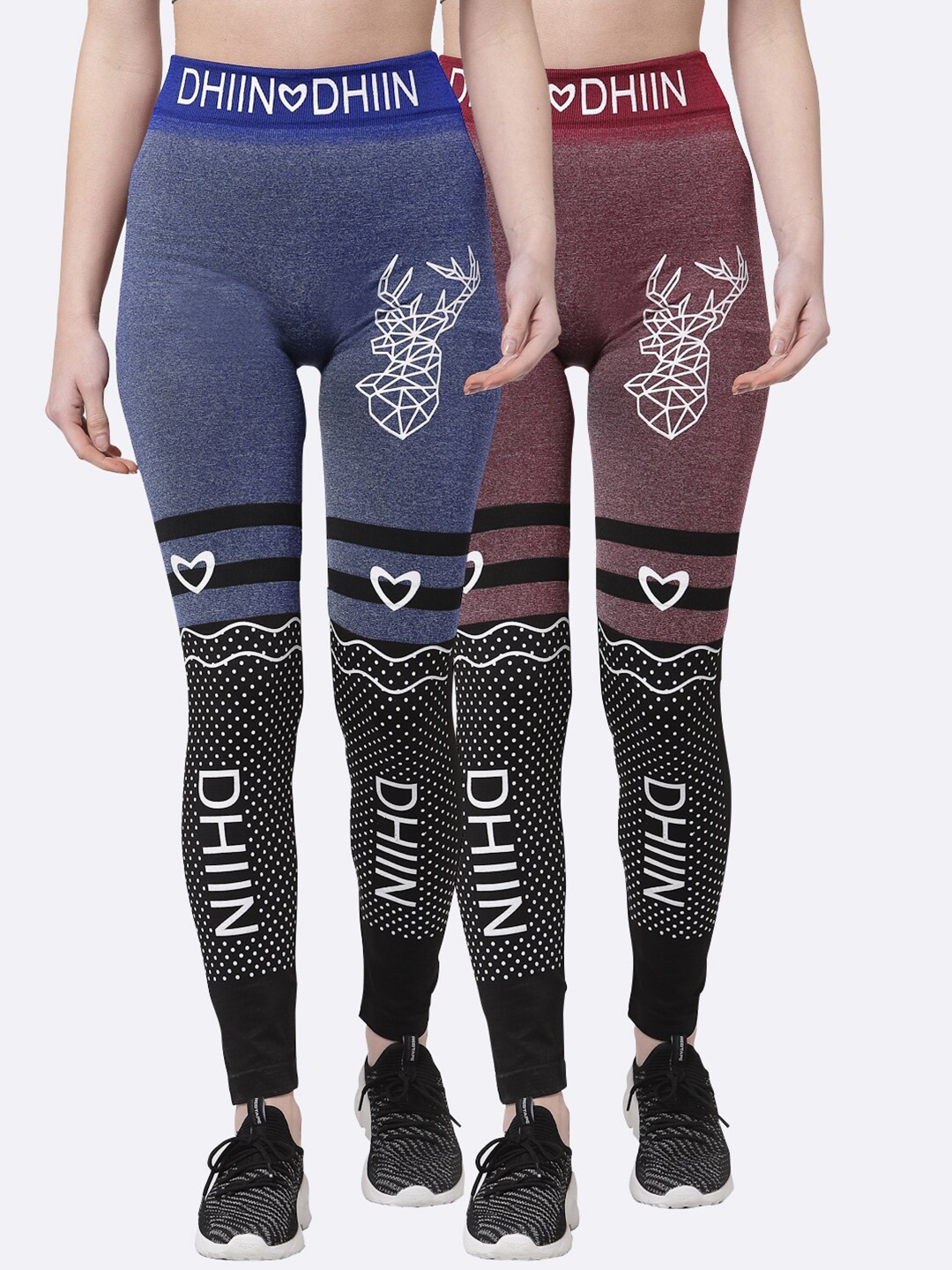 Klotthe Women Set of 2 Blue & Burgundy Printed Skinny Fit Jeggings