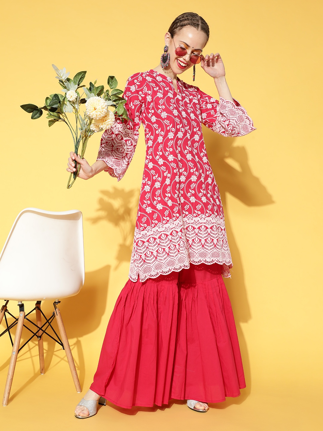 

InWeave Women Red & White Ethnic Embroidered Sequinned Cotton Straight Kurta with Sharara