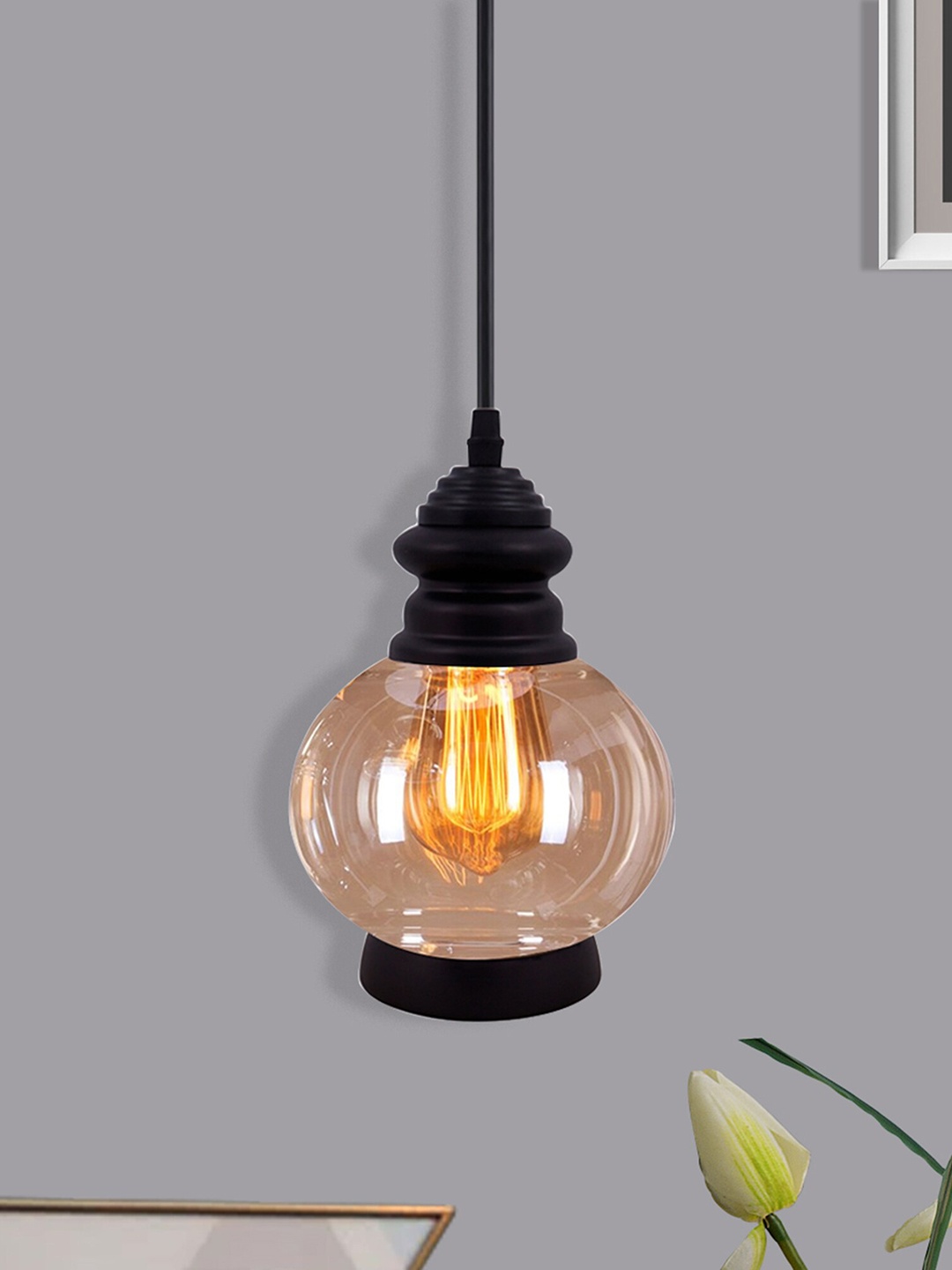 

Homesake Black Adjustable Hanging Light With Amber Glass Jar Shade