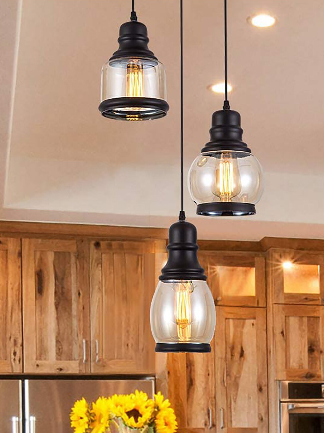 

Homesake Set Of 3 Cluster Bell Shaped Pendant Light With Amber Glass Jar, Black