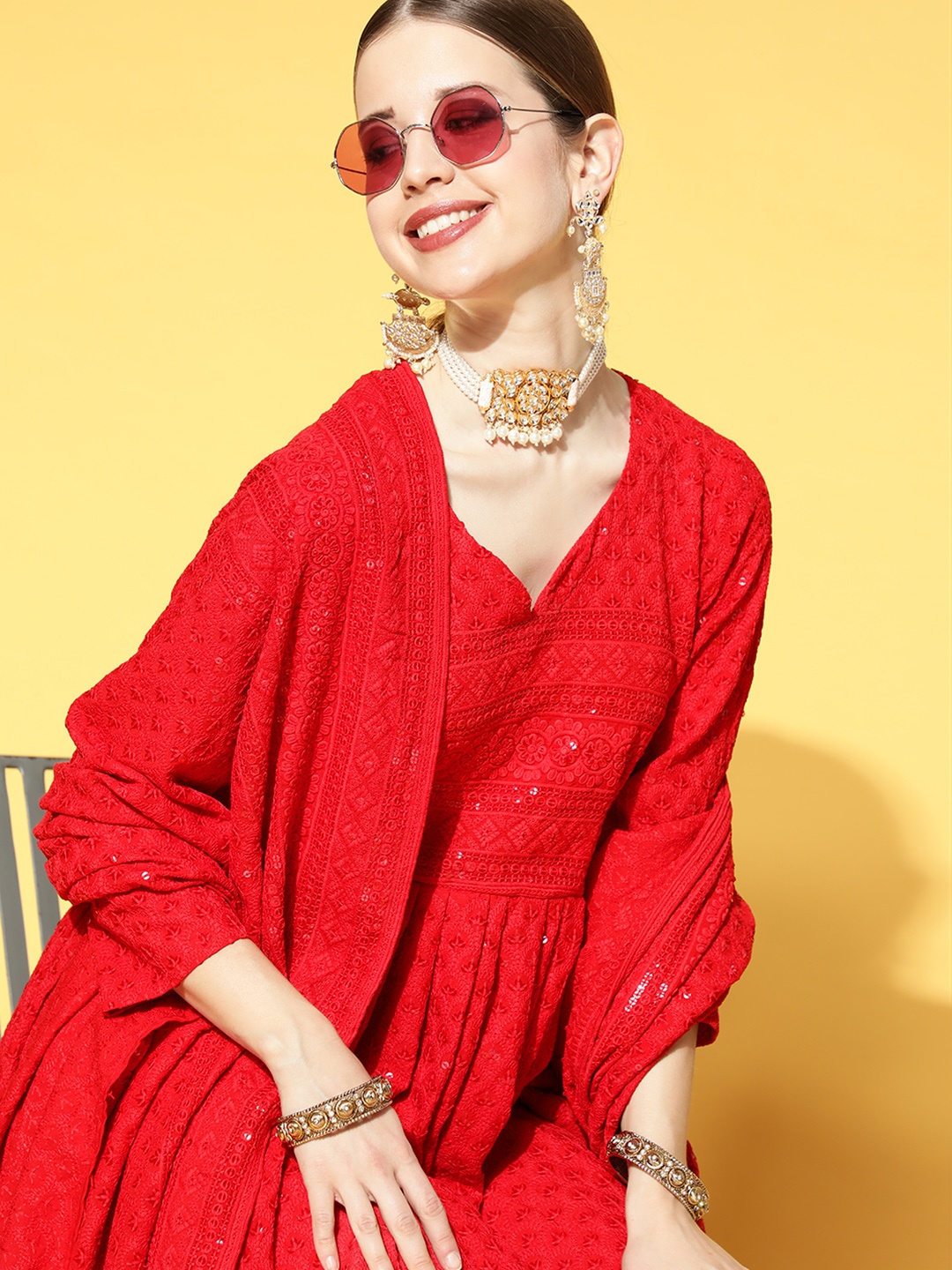 

InWeave Women Red Ethnic Chikankari Sequinned Embroidered Anarkali Kurta & Dupatta