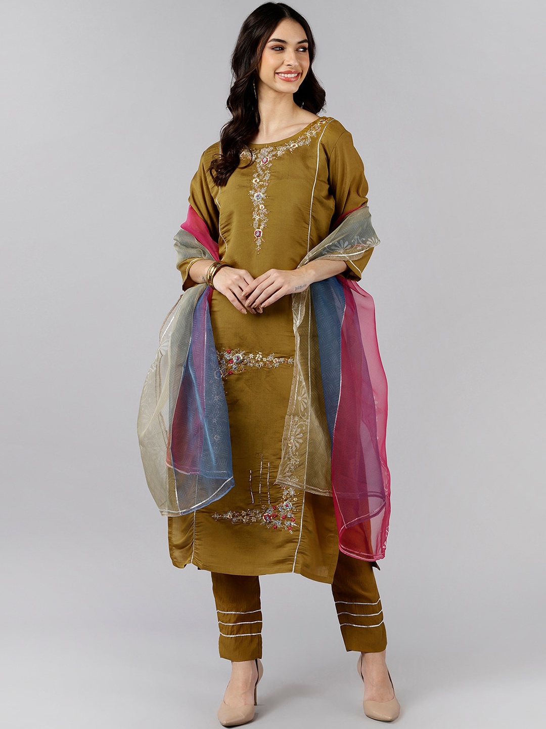 

AHIKA Women Mustard Yellow Floral Embroidered Kurta with Trousers & With Dupatta