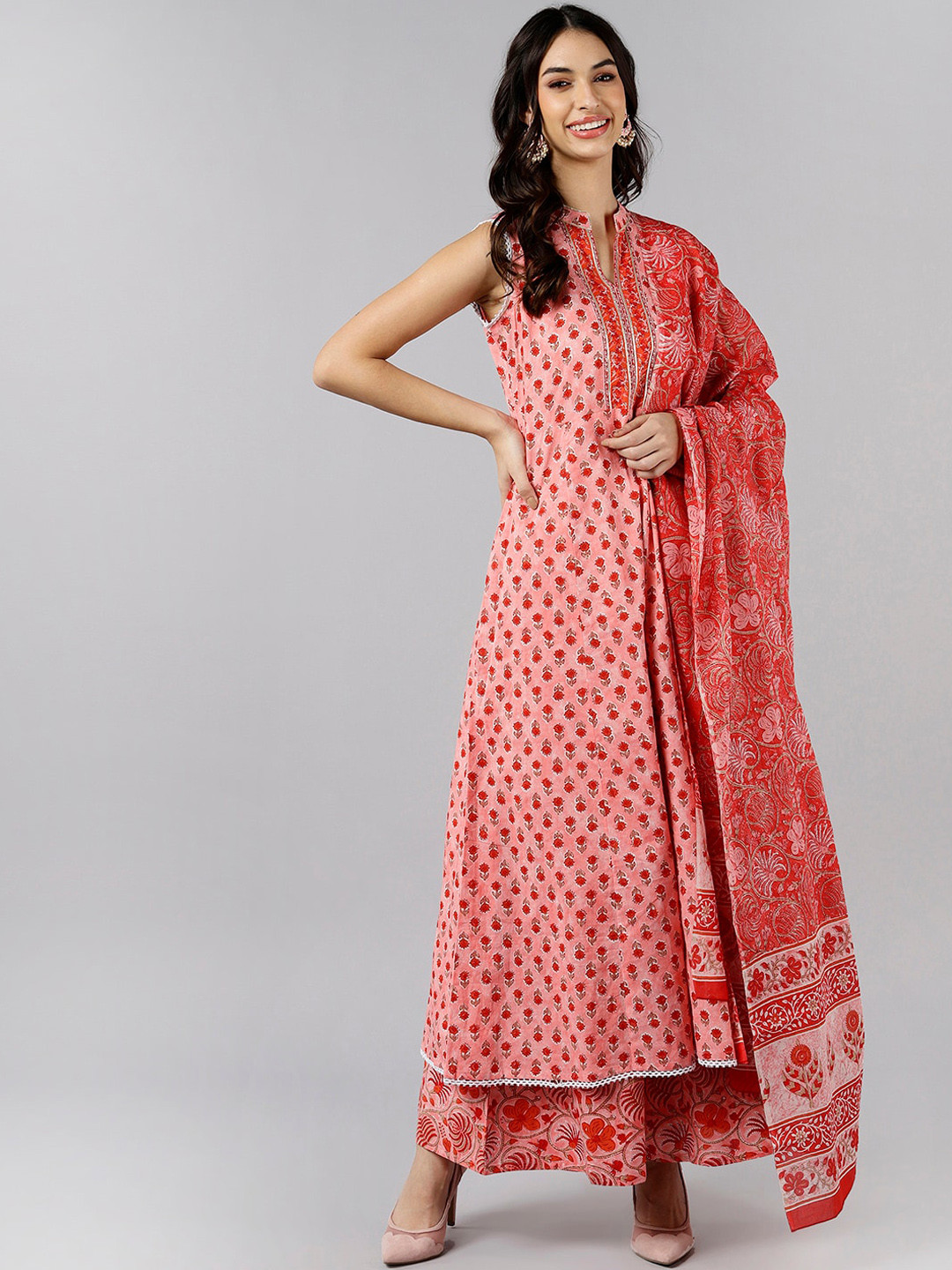 

AHIKA Women Peach-Coloured Ethnic Motifs Printed Layered Pure Cotton Kurta with Skirt & With Dupatta